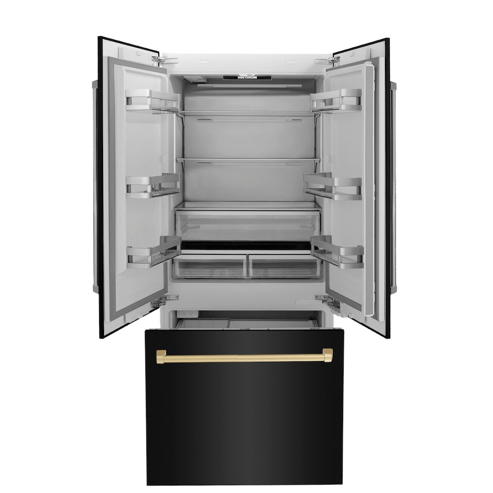 ZLINE Autograph Edition 36 Inch 19.6 Cu Ft French Door Built-In Bottom Freezer Refrigerator with Water Dispenser & Ice Maker - Black Stainless Steel with Polished Gold Accents (RBIVZ BS 36 G) - Perfect for Modern Kitchens & Luxury Homes