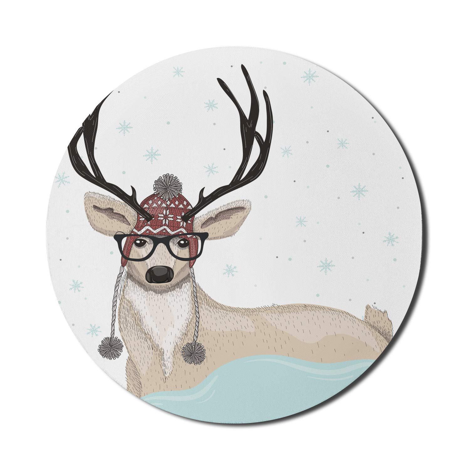 Ambesonne Christmas Mouse Pad - Non-Slip Round Gaming Mousepad with Nordic Reindeer & Antlers Design, 8 Inch Thick Rubber Base for Computer & Office Use - Perfect Holiday Gift for Gamers & Christmas Decor