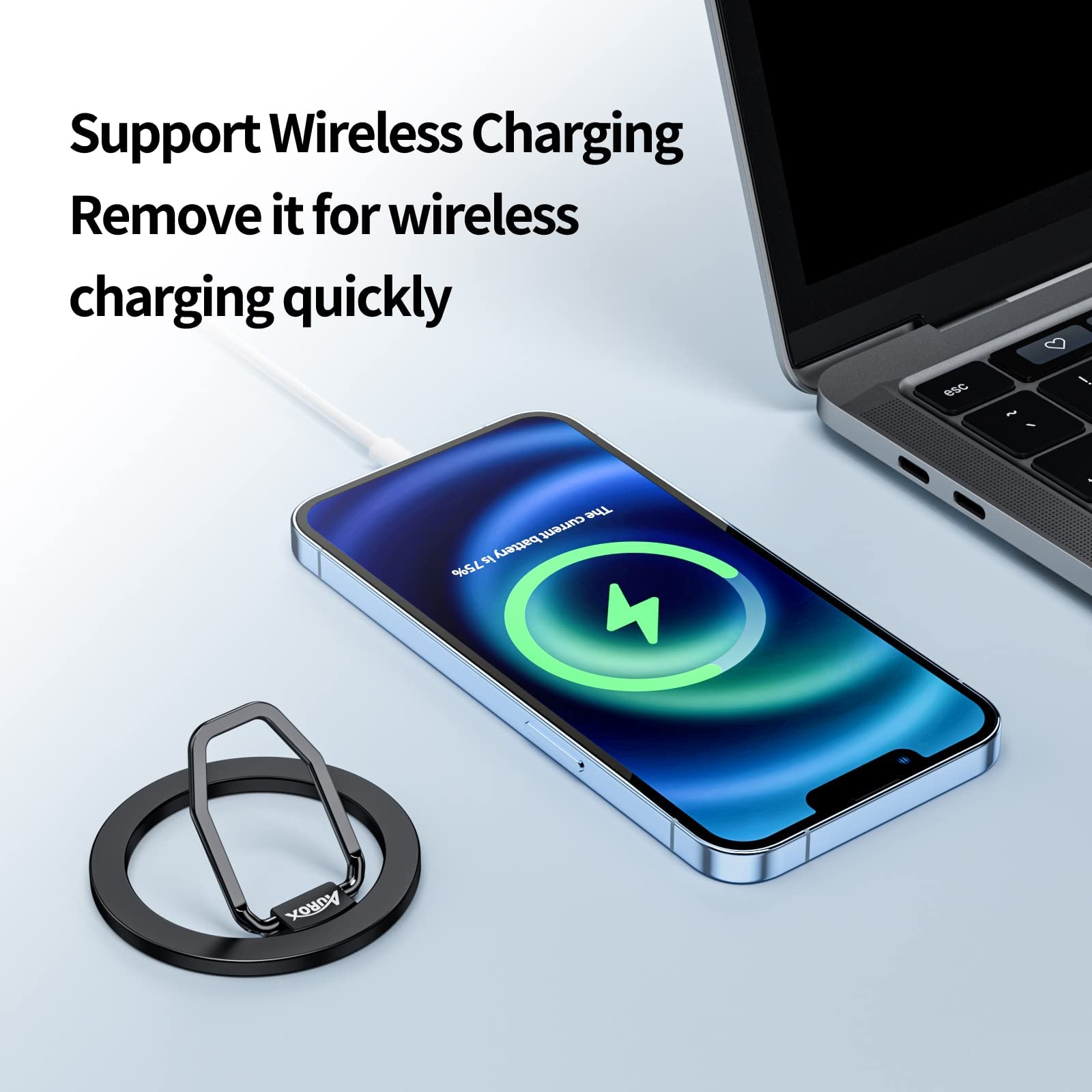 AUROX Magnetic Phone Grip with Magsafe Ring Holder - Adjustable & Secure for iPhone 16/15/14/14 Pro/14 Pro Max/14 Plus/13/13 Pro/13 Mini/13 Pro Max/12/12 Pro/12 Mini/12 Pro Max (Silver) - Perfect for One-Handed Use, Gaming, and Video Watching