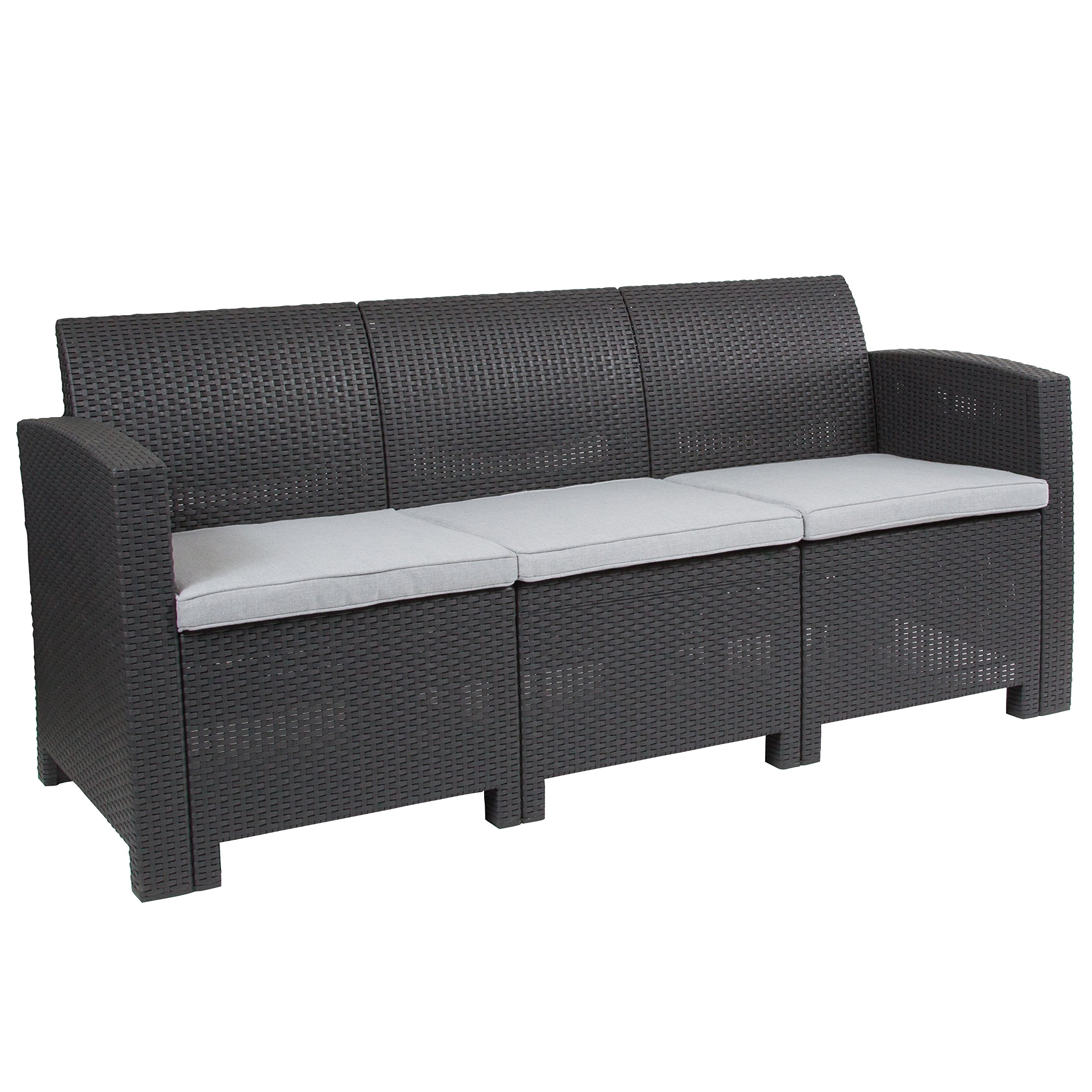Dark Gray Faux Rattan Sofa with Light Gray Cushions - Modern Wicker Patio Furniture for Outdoor Living Room, Garden, Balcony & Porch