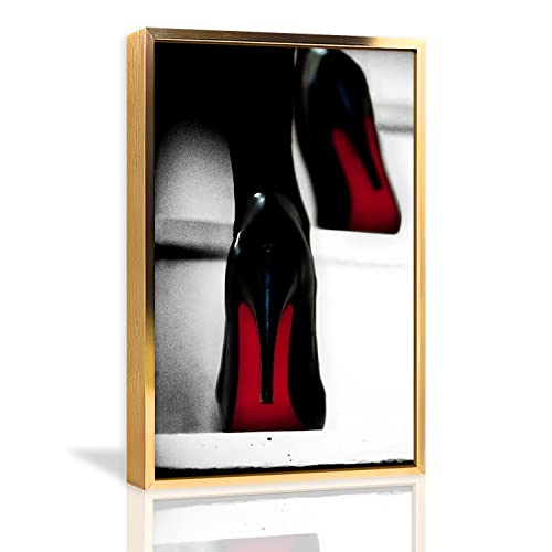 Vintage Black High Heels Gold Framed Canvas Wall Art - 8x12 Inch Abstract Painting for Bedroom, Office & Home Decor | Ready to Hang Aluminum Frame | Perfect Gift for Fashion Lovers & Interior Design