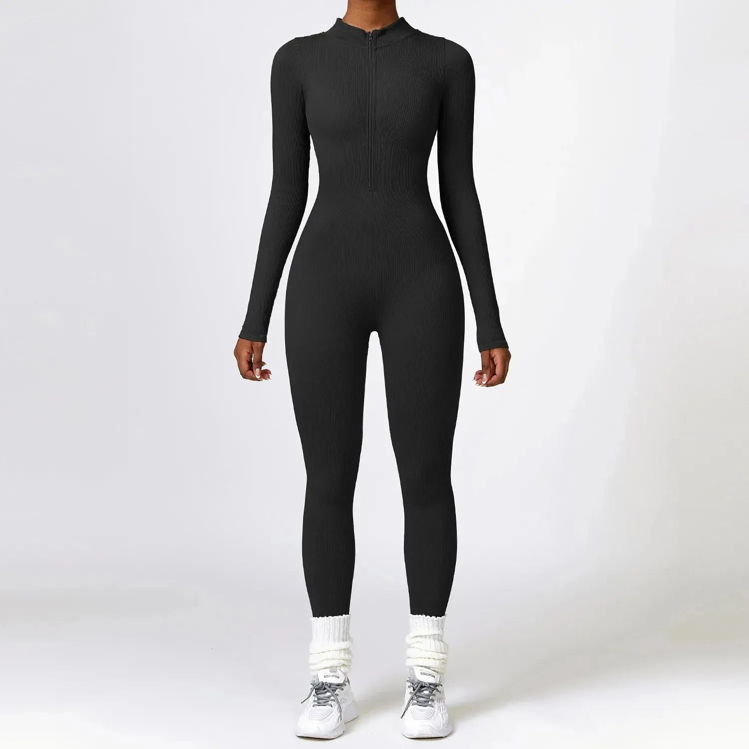 Women's Ribbed Jumpsuit One Piece with Zipper - Long Sleeve Yoga Outfit, Gym Push Up Workout Clothes, Fitness Bodysuit & Sportswear Tracksuit for Yoga, Running, Gym & Casual Wear