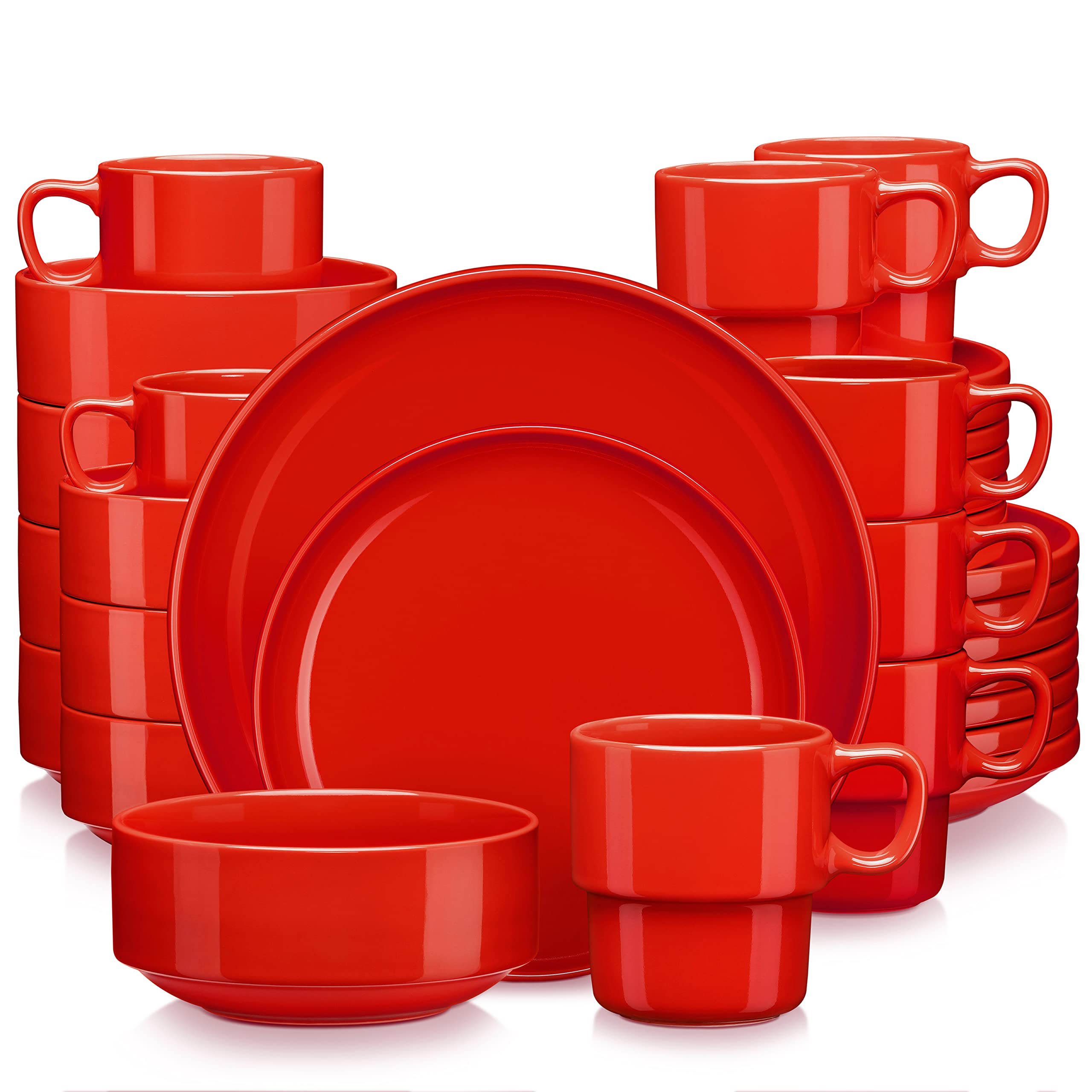 32-Piece Red Ceramic Dinnerware Set for 8 - Plates, Bowls, Mugs & More | LOVECASA Dishwasher Safe Dinner Set | Perfect for Family Meals, Parties & Restaurant Use