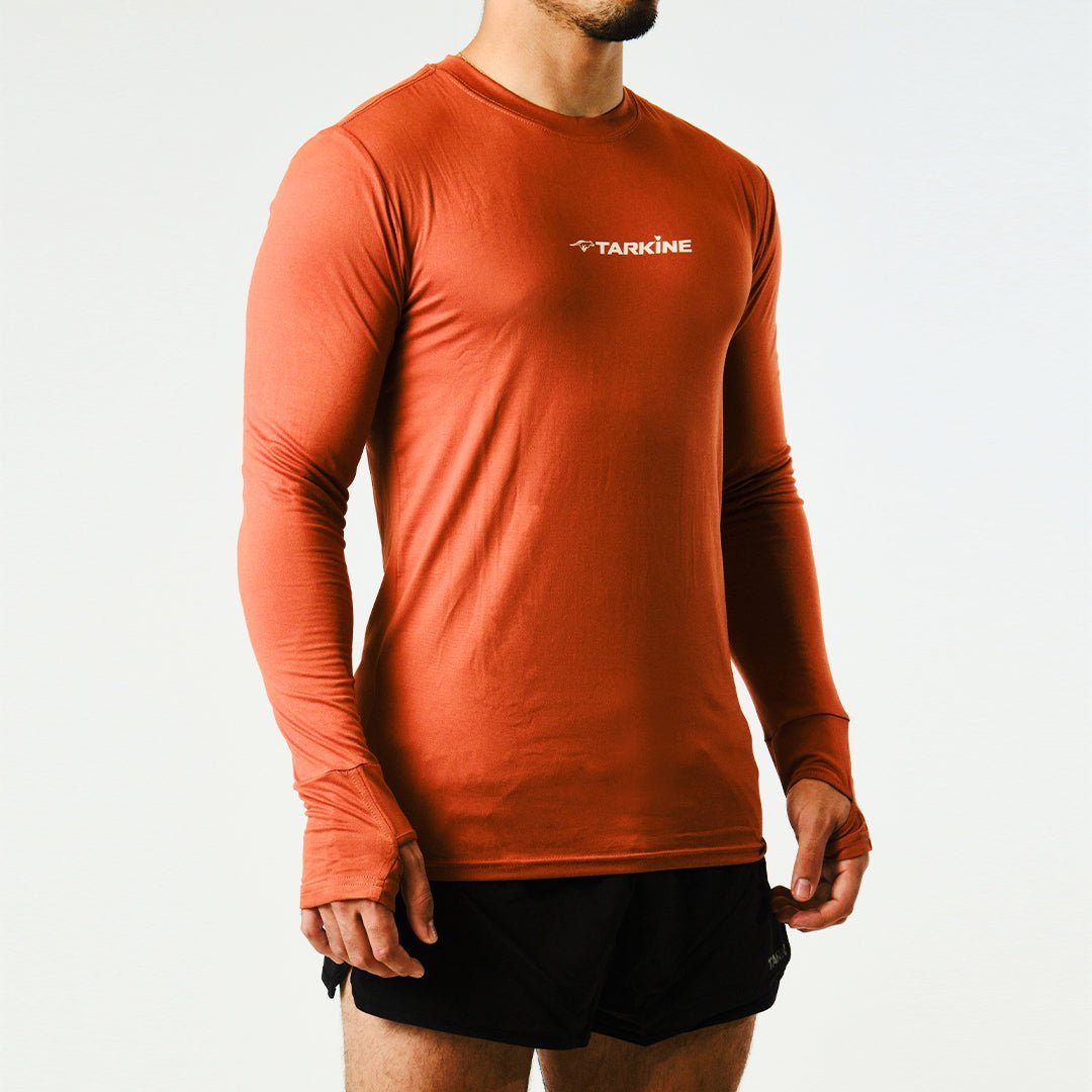 Men's Ultra Eco Run T-Shirt - Long Sleeve Sustainable Running Top (Orange, Standard Thickness) for Outdoor Jogging & Trail Running