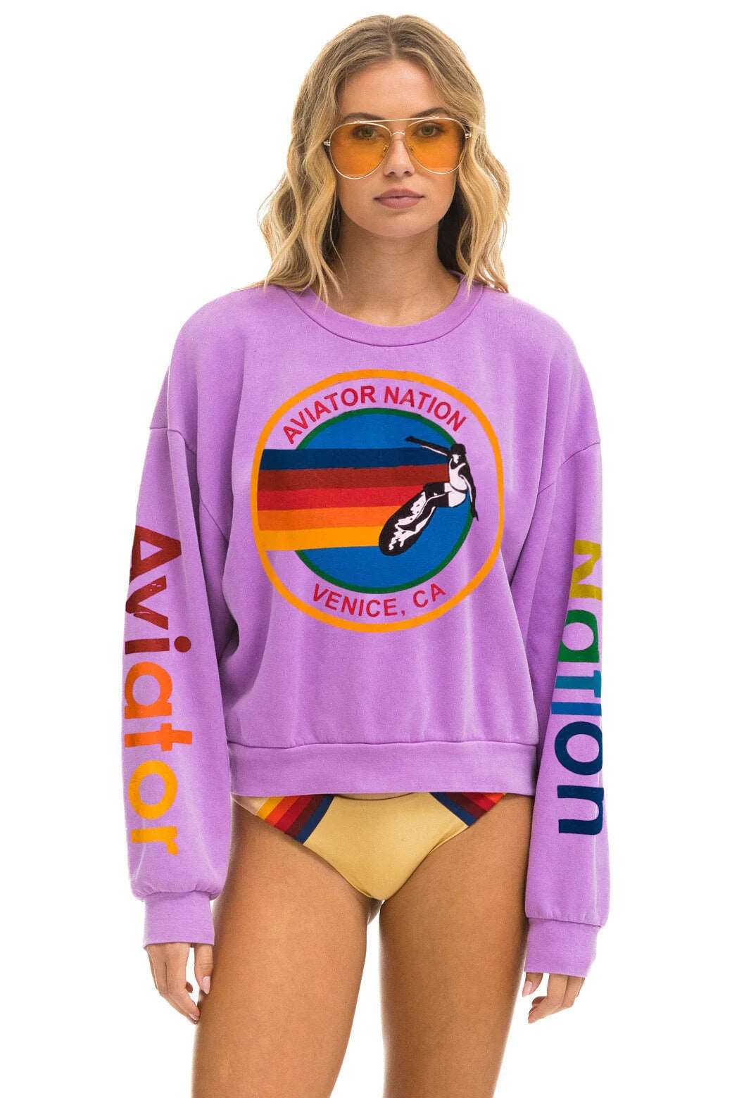 Aviator Nation Logo Sweatshirt - Neon Purple Unisex Pullover Hoodie | Vintage Inspired Casual Wear for Street Style & Lounge Comfort