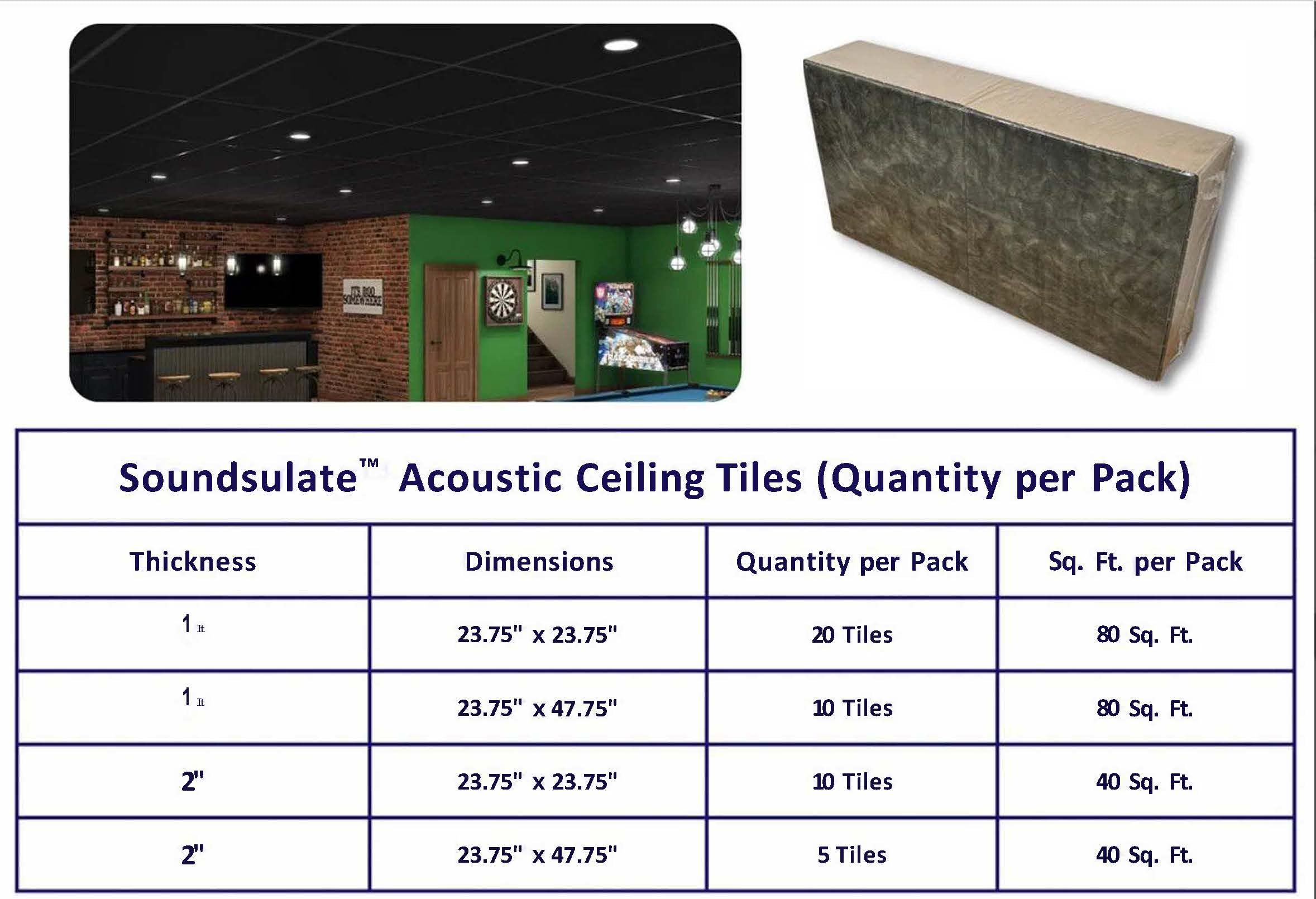 Soundproof Acoustic Ceiling Tiles 24x24 Inches - Black Noise Absorbing Panels for Office, Home Theater & Studio - 2 Inch Thick Drop Ceiling Tiles
