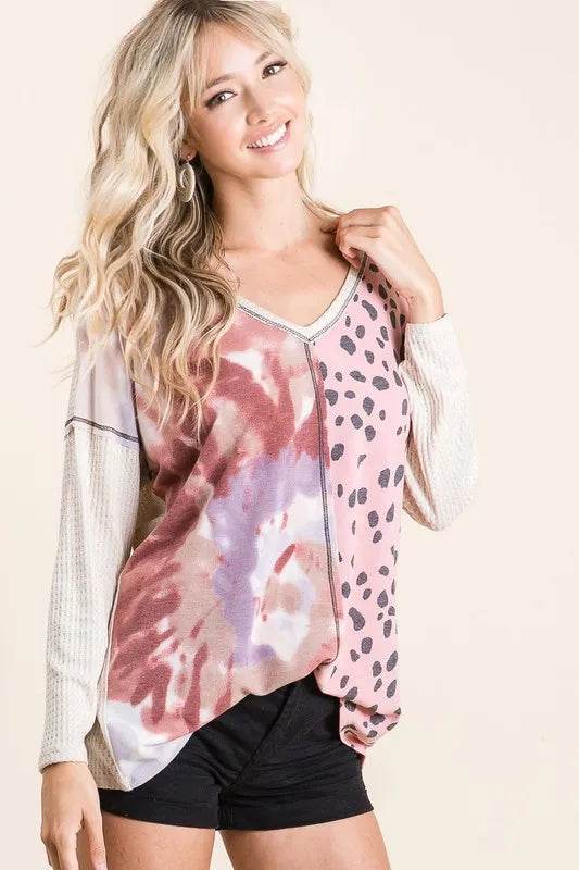 Bibi Print Block V-Neck Top with Contrast Stitching in Blush Pink | Women's Fashion Blouse for Casual Wear, Office Outfits & Date Nights