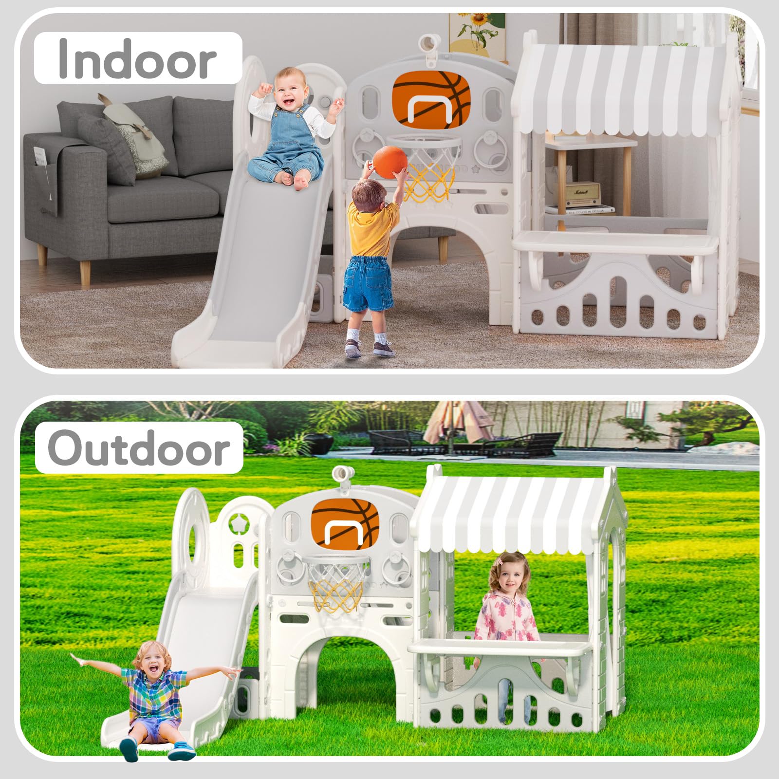 **Indoor & Outdoor Toddler Slide with Playhouse - Kids Playground Set for Ages 1-3 | Includes Basketball Hoop, Ring Toss & Telescope | Backyard, Nursery & Playroom Fun (Gray)**