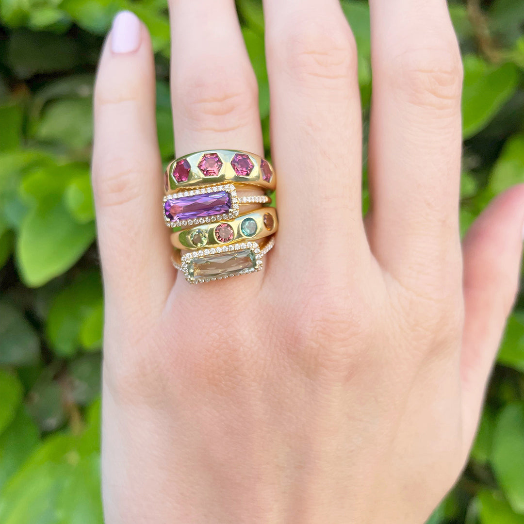 18K Yellow Gold Amethyst & Diamond East West Ring for Women | Elegant Jewelry Gift for Anniversary, Engagement & Special Occasions