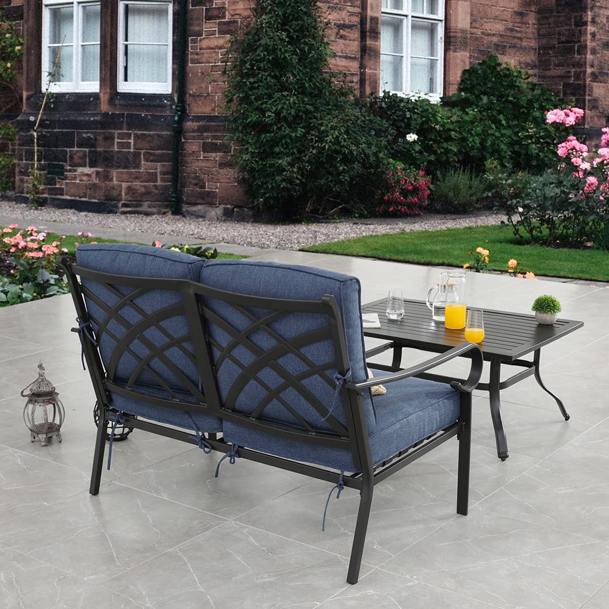 PatioFestival 2-Person Outdoor Loveseat Bench with 6.3 Inch Cushion & Coffee Table - All-Weather Steel Frame Patio Furniture for Garden, Deck, Backyard & Poolside Relaxation