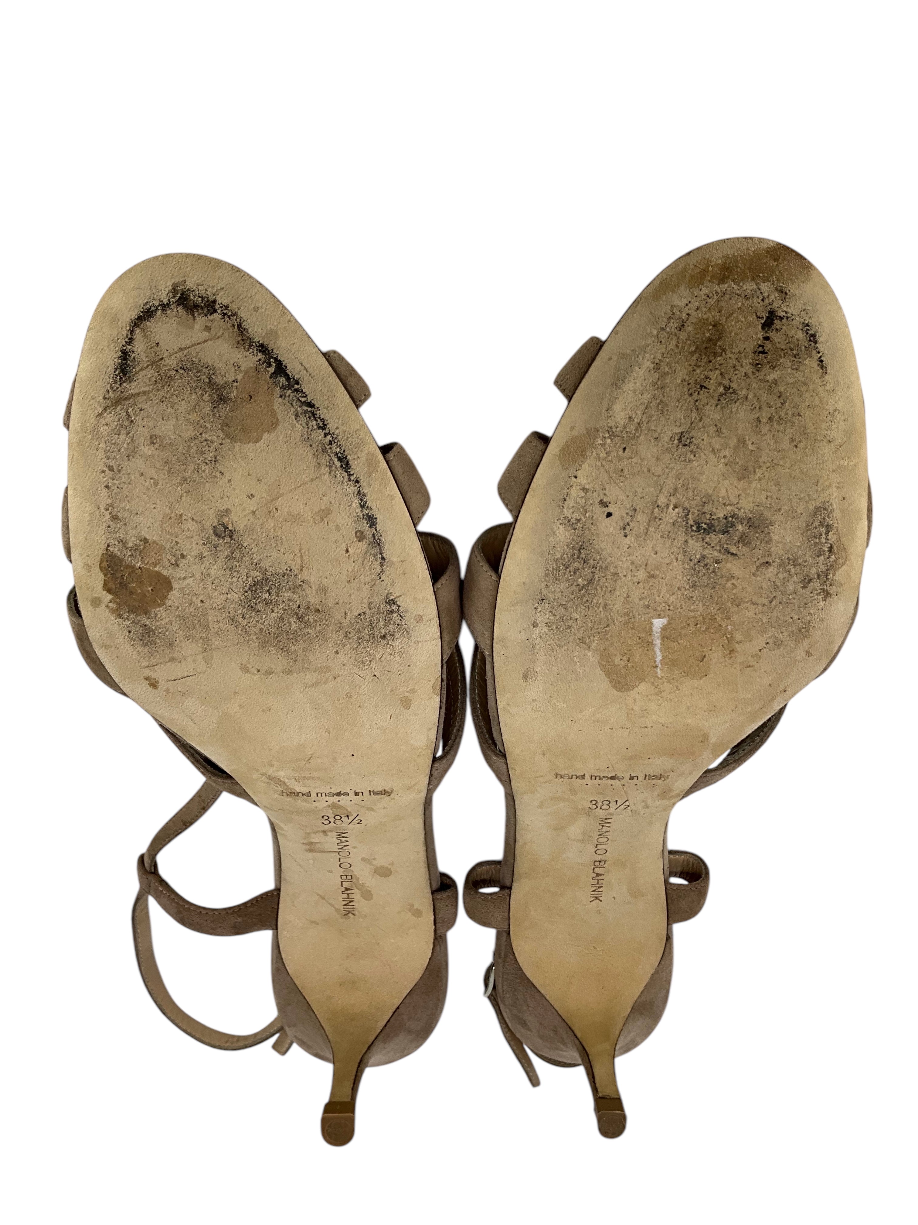 MANOLO BLAHNIK Women's Strappy Suede Sandals Size 8.5 - Comfortable Luxury Heels for Weddings, Parties & Evening Events