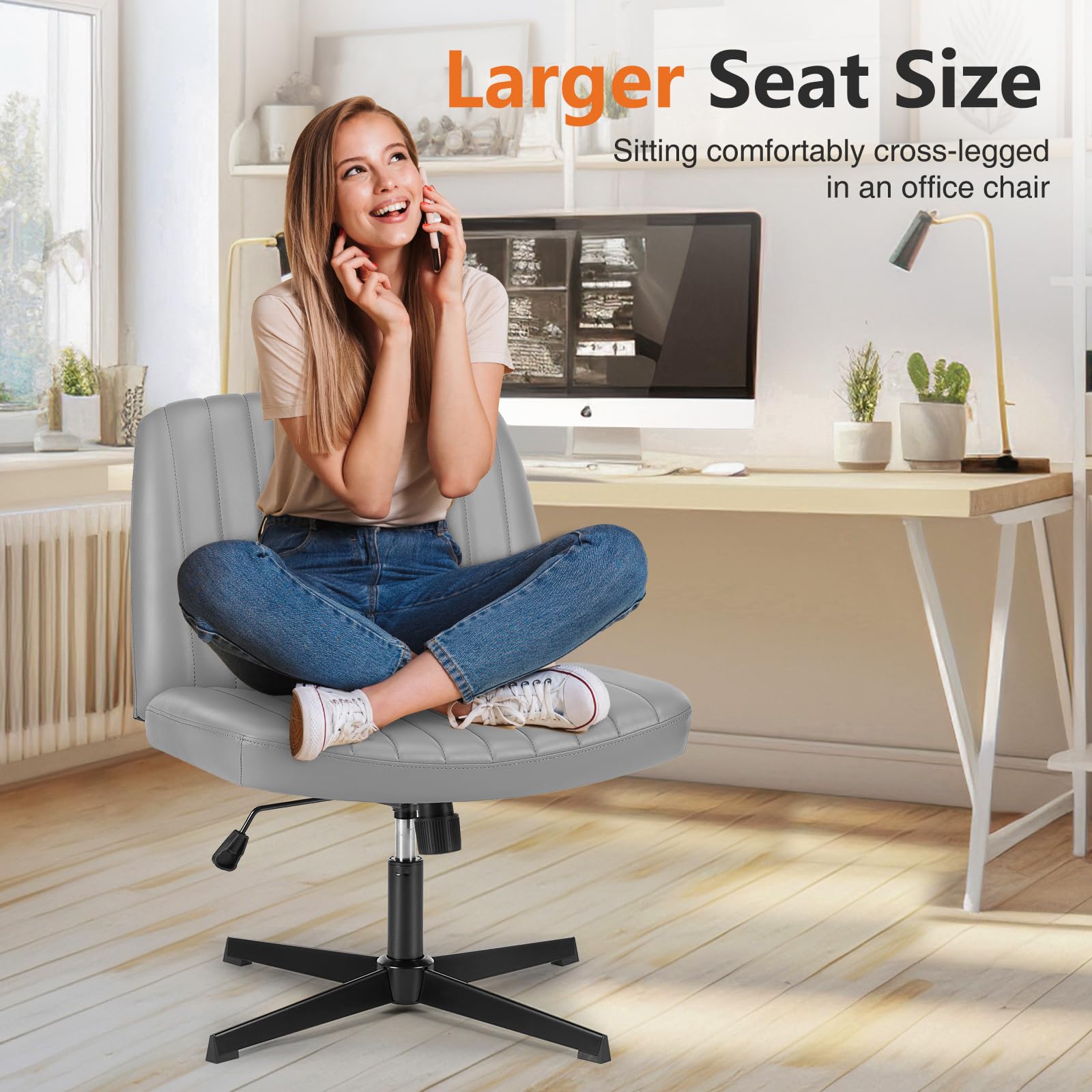Sweetcrispy Armless Swivel Office Chair - Cross Legged Desk Chair Without Wheels, Wide Leather Seat for Home & Office Workspace | Perfect for Small Spaces, Meditation & Compact Workstations