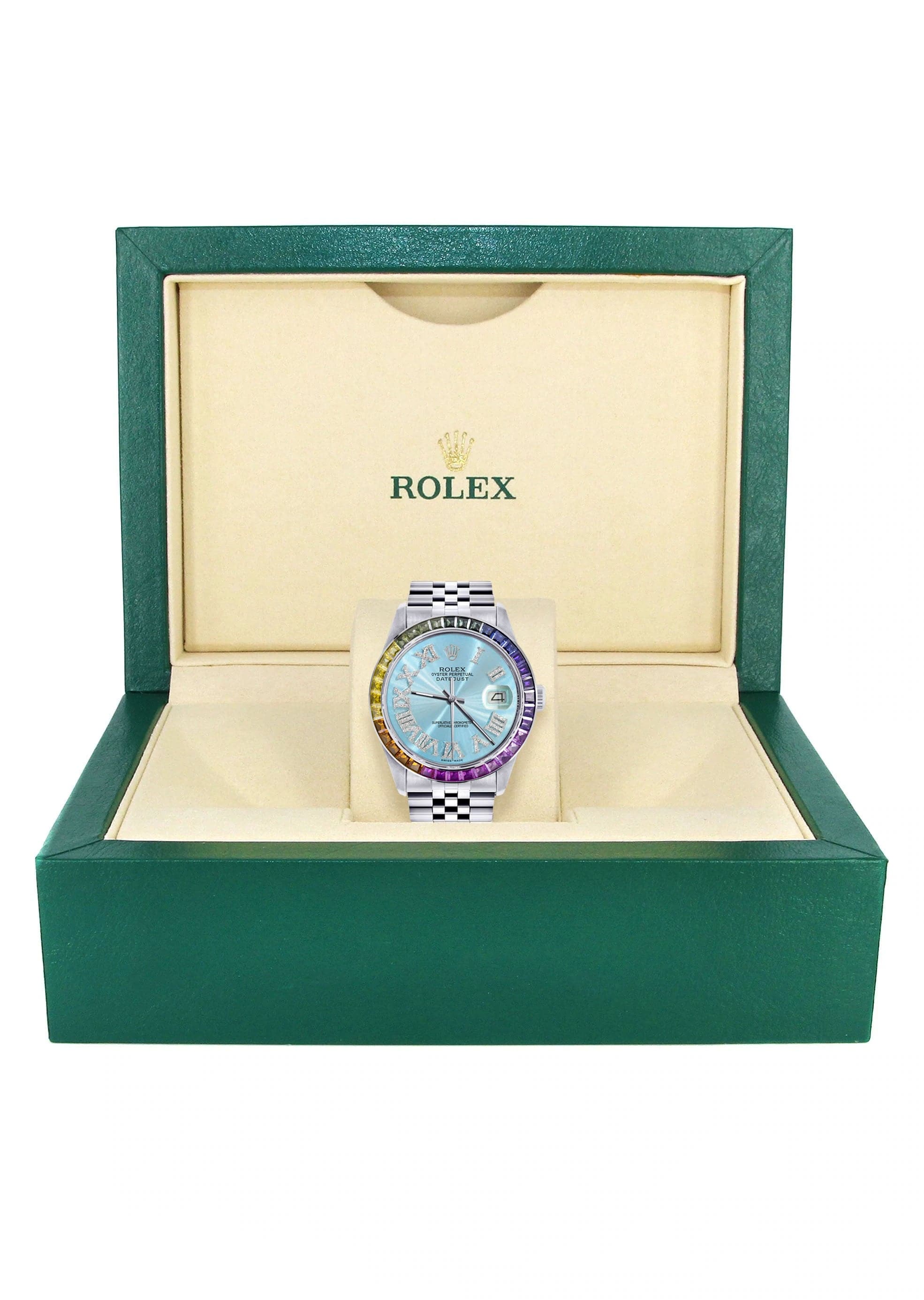 Luxury Diamond Gold Rolex Watch For Men 16200 | 36mm Stainless Steel | Rainbow Sapphire Bezel | Light Blue Roman Numeral Dial | Jubilee Bracelet | Perfect for Gifts, Weddings & Special Occasions