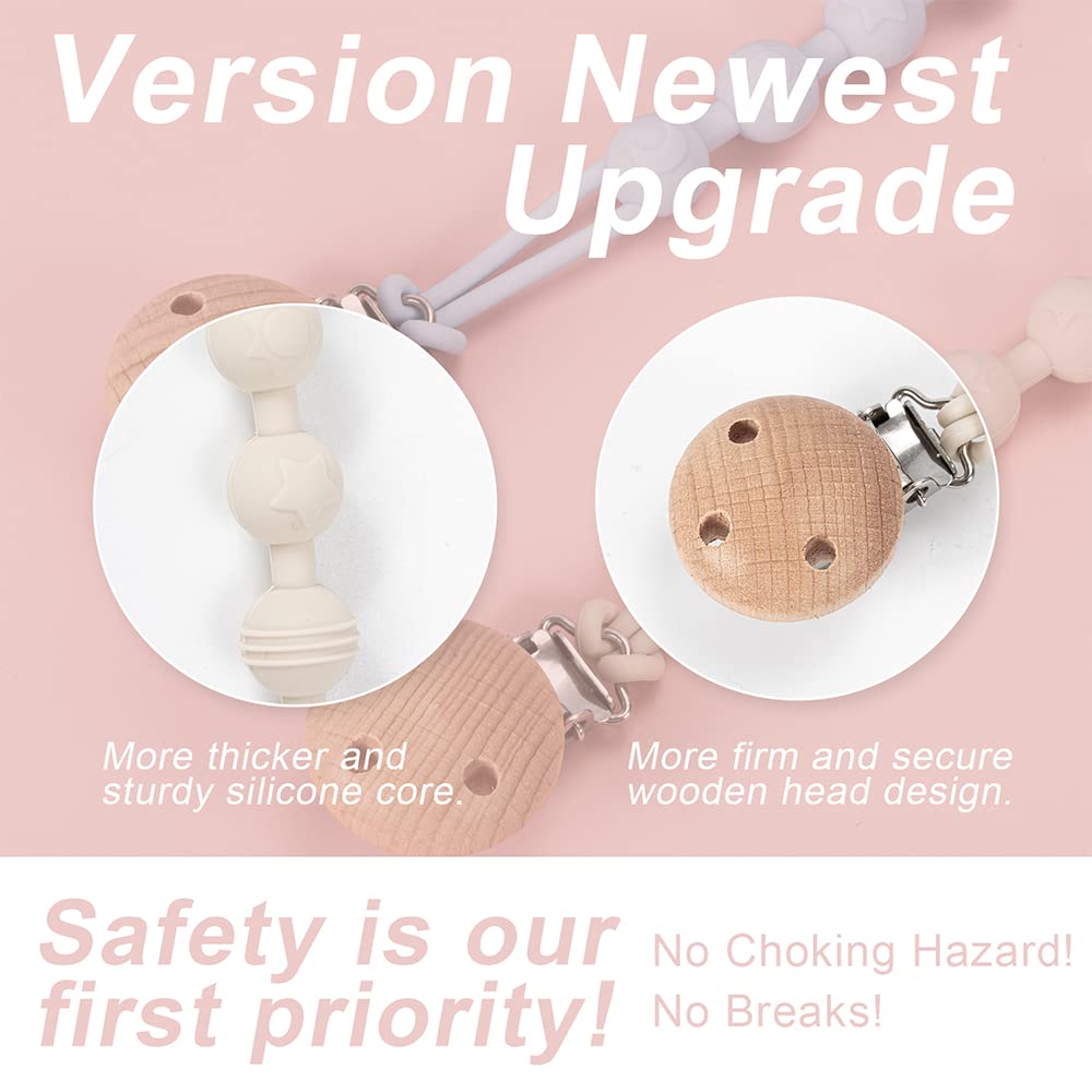 2 Pack Wooden Design Silicone Pacifier Clips - Baby Soother Holder for Boys & Girls (White) | Secure Pacifiers to Strollers, Car Seats & Baby Carriers