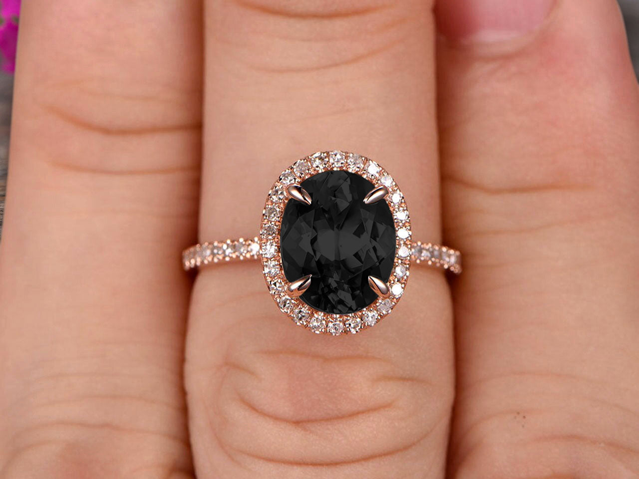 10K Rose Gold 1.50 Carat Black Diamond Moissanite Halo Engagement Ring - Oval Cut Art Deco Style Wedding Band for Women, Perfect for Proposals, Anniversaries & Special Occasions