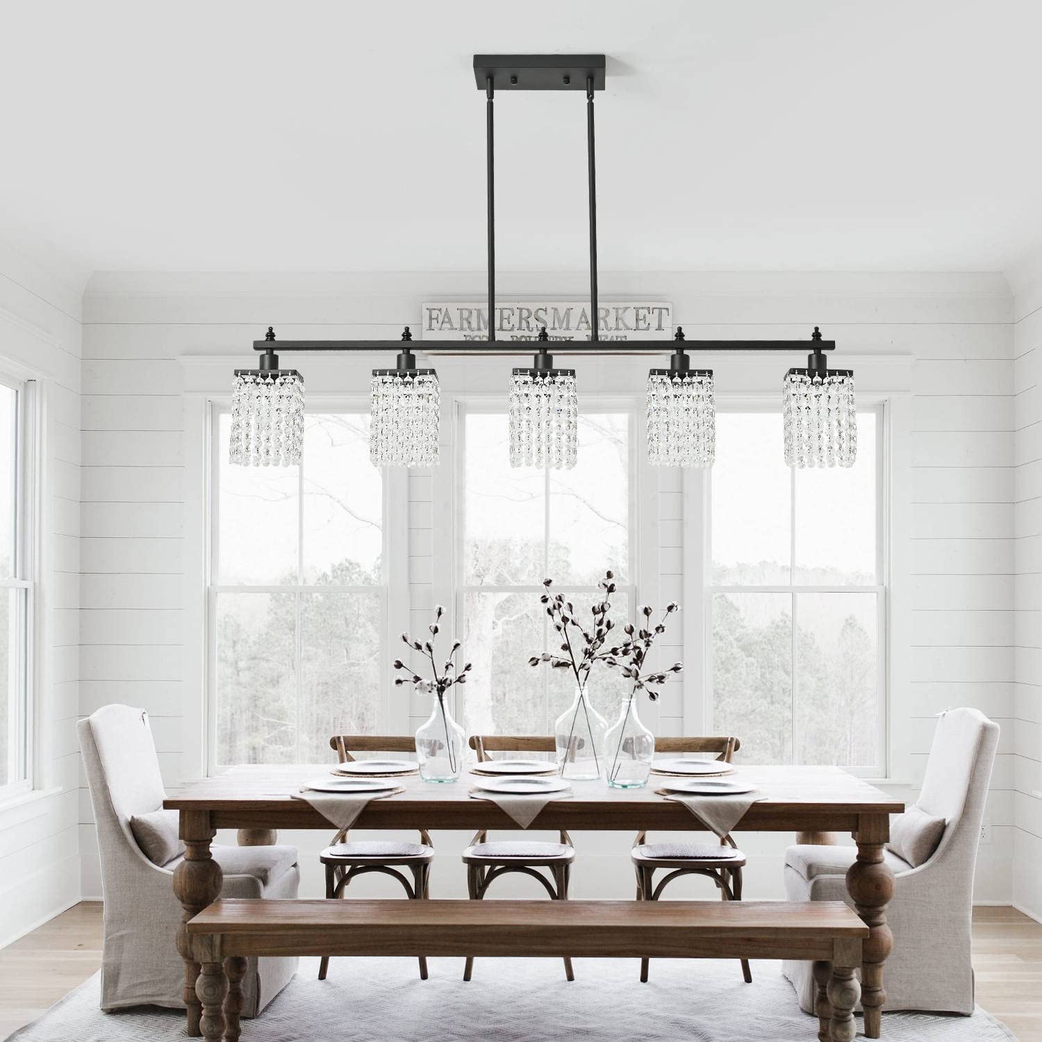 Modern Farmhouse Black Metal Linear Crystal Chandelier - 5-Light Adjustable Pendant Lighting for Kitchen Island & Dining Room Table | Elegant Dining, Kitchen Decor, Farmhouse Lighting
