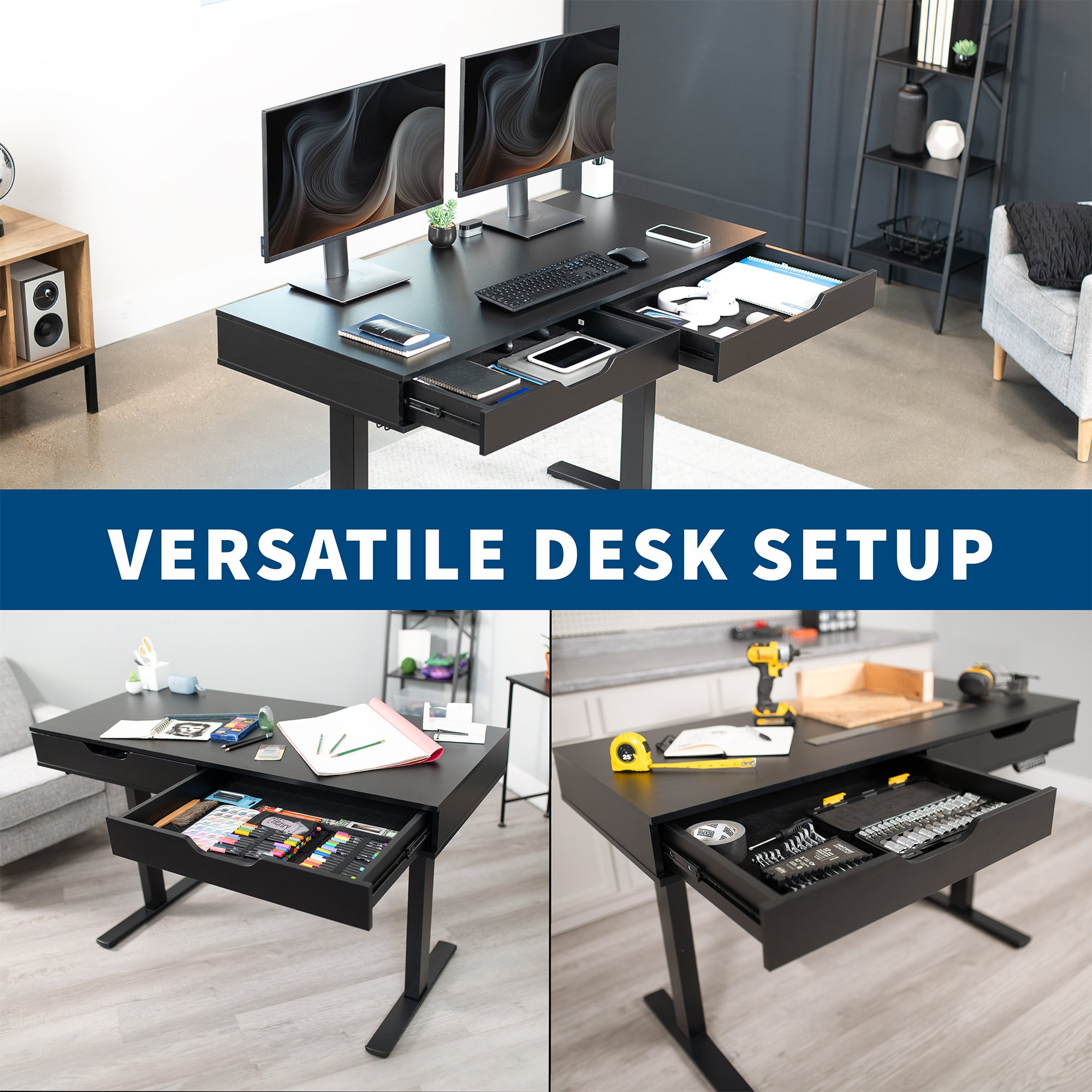 55 x 24 Inch Black Electric Standing Desk with 2 Drawers & Built-in Power Outlets - Perfect for Home Office & Gaming Setup