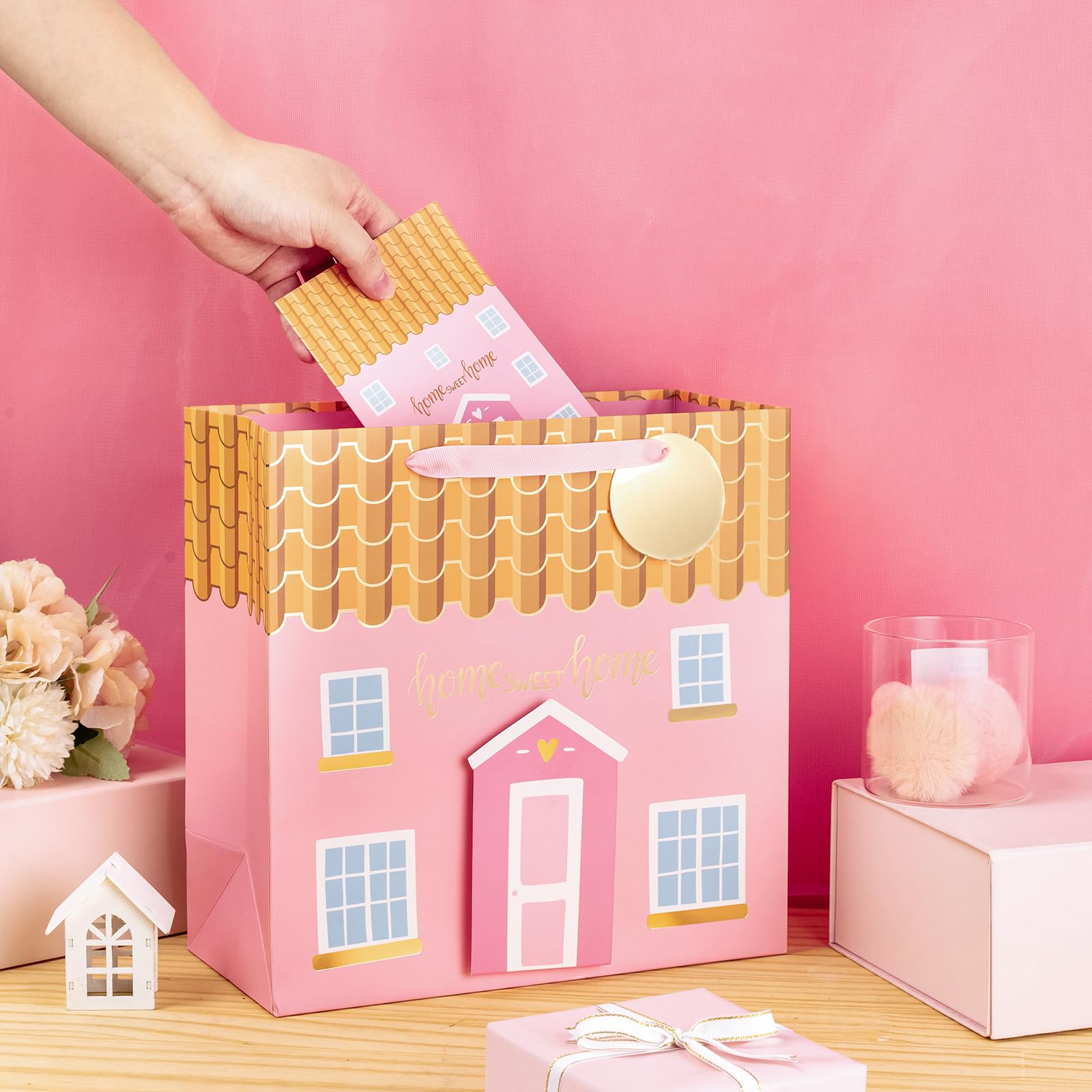 LeZakaa 10.4 Inch Pink House-Shaped Gift Bag Set with Tissue Paper, Gift Tag & Card - 3D House Sticker for Housewarming, New Home Gifts | Perfect for Welcome Parties, Bridal Showers & Holiday Present Exchanges