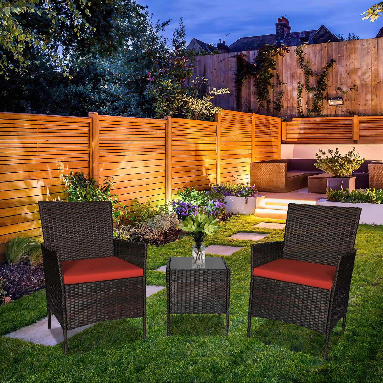 **3-Piece Patio Furniture Set - PE Rattan Wicker Outdoor Table & Chairs - Brown & Rust Bistro Set for Front Porch, Garden, Deck or Backyard Seating**