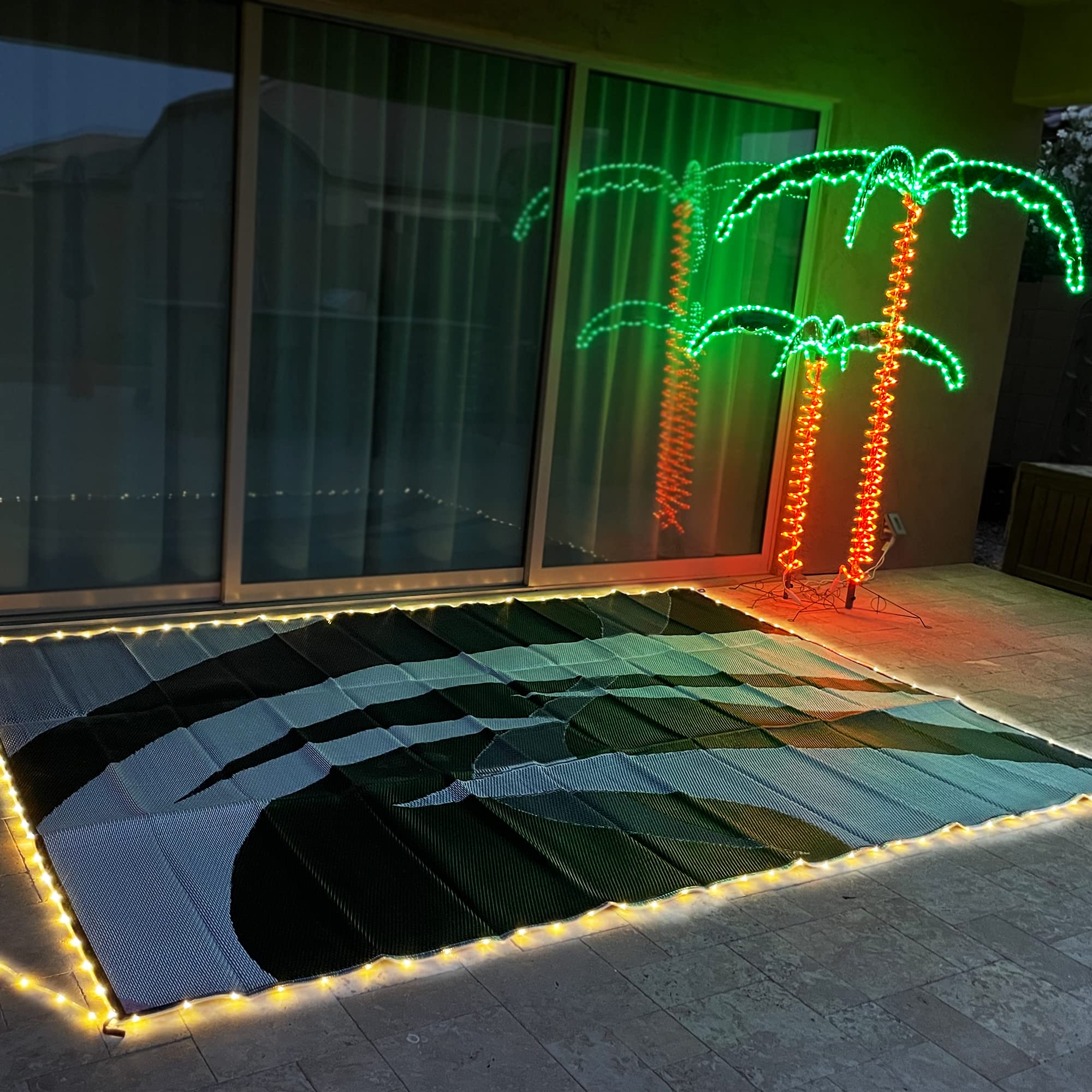 Premium 8x11ft LED Illuminated Outdoor Patio Mat - Waterproof Camping Mat for RV, Backyard, Deck & Picnic - Stylish Black/White Design - Perfect for Camping, Tailgating & Outdoor Gatherings