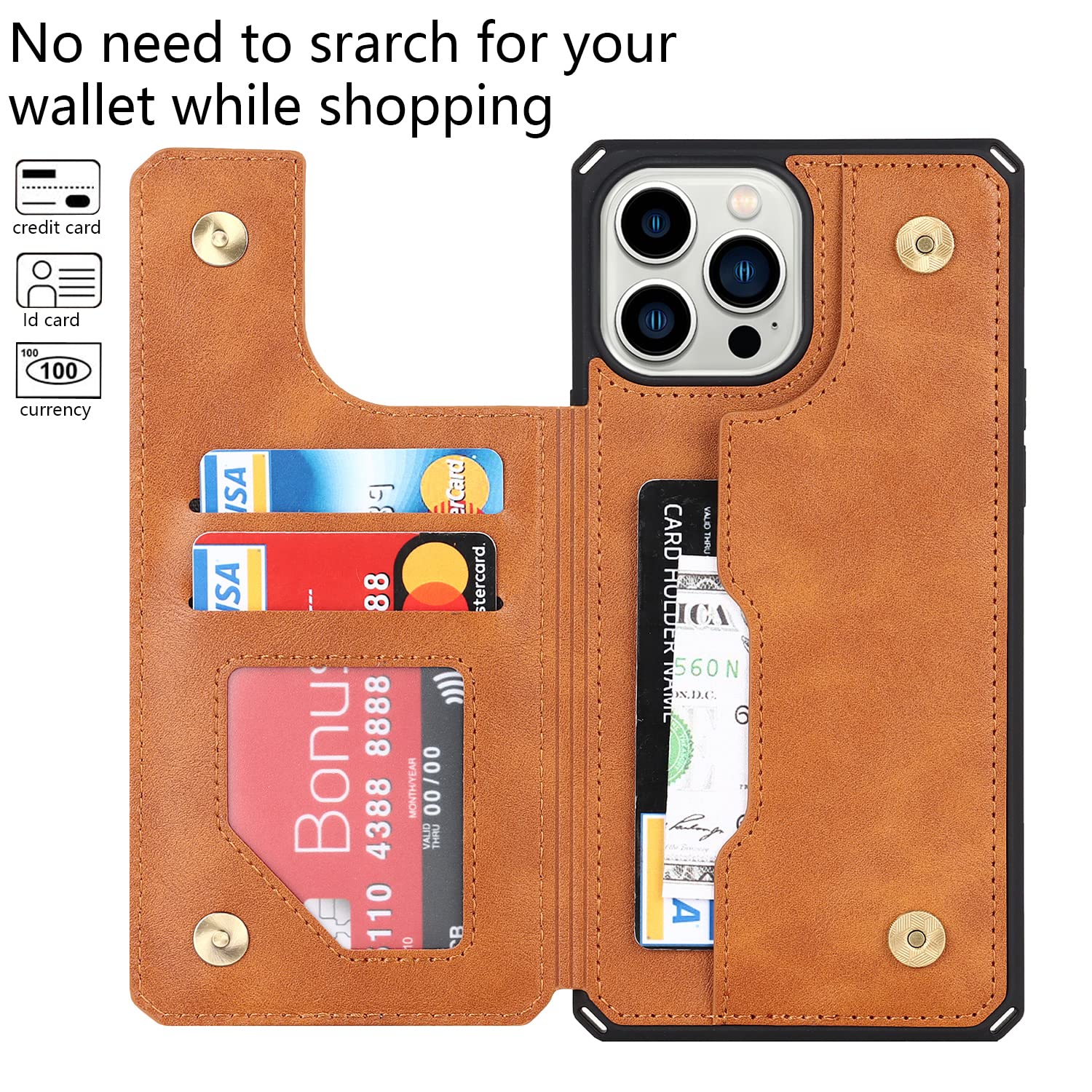 Premium Leather iPhone 13 Pro Max Wallet Case with Card Holder & Stand - Shockproof Protective Phone Cover for Women & Men (Light Brown) - Perfect for Work, Travel & Everyday Use