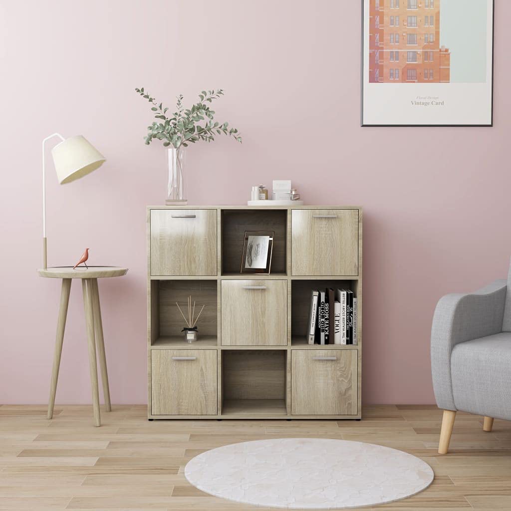 9 Cube Bookcase Storage Unit with 5 Doors - Modern Open Shelf Bookshelf for Home Office, Plant Display & Organizer - Brown Wooden Storage Shelf for Living Room, Bedroom or Study