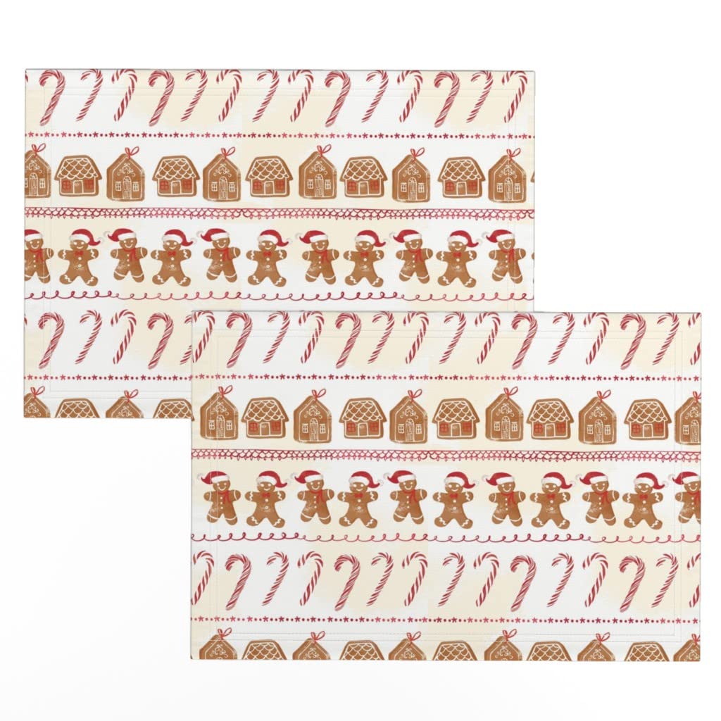 Premium Linen Cotton Canvas Placemats Set of 2 - Christmas Gingerbread Man Baking Theme Kitchen Table Decor | Holiday Dinner Party, Winter Dining, Festive Home Decor
