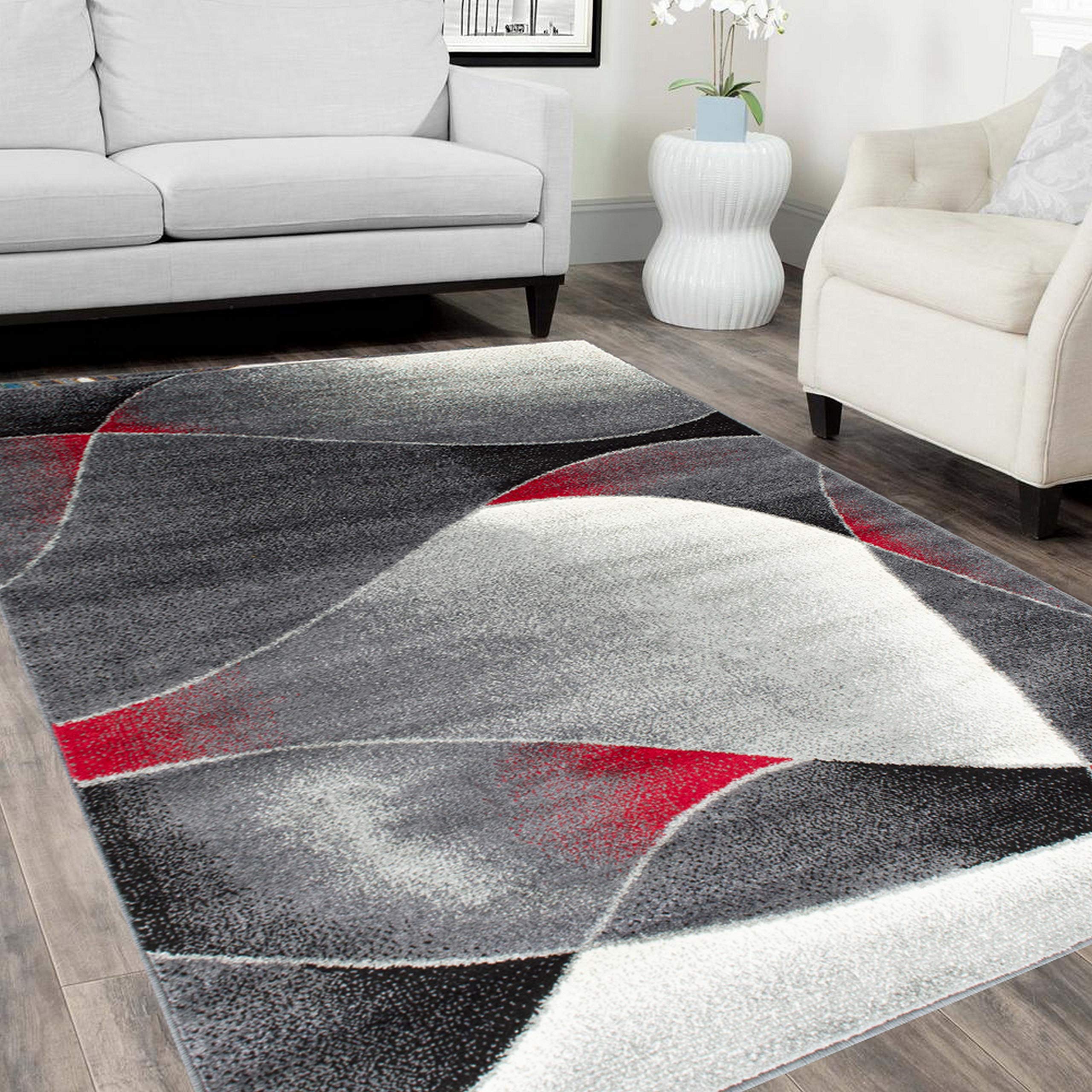 HR Red/White/Black Faded Distressed Abstract Swirl Pattern Area Rug - Soft Boho Chic Living Room Bedroom Decor Rug for Cozy Home