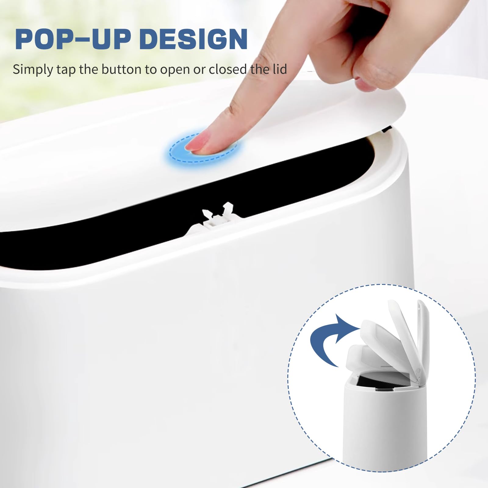 Mini Trash Can with Lid - Small Removable Garbage Bin, Compact Plastic Waste Basket for Bathroom, Office, Kitchen, Desk & Coffee Table | Pop-Up Countertop Lint Bin | Perfect for Home, Office & Travel Use (White)