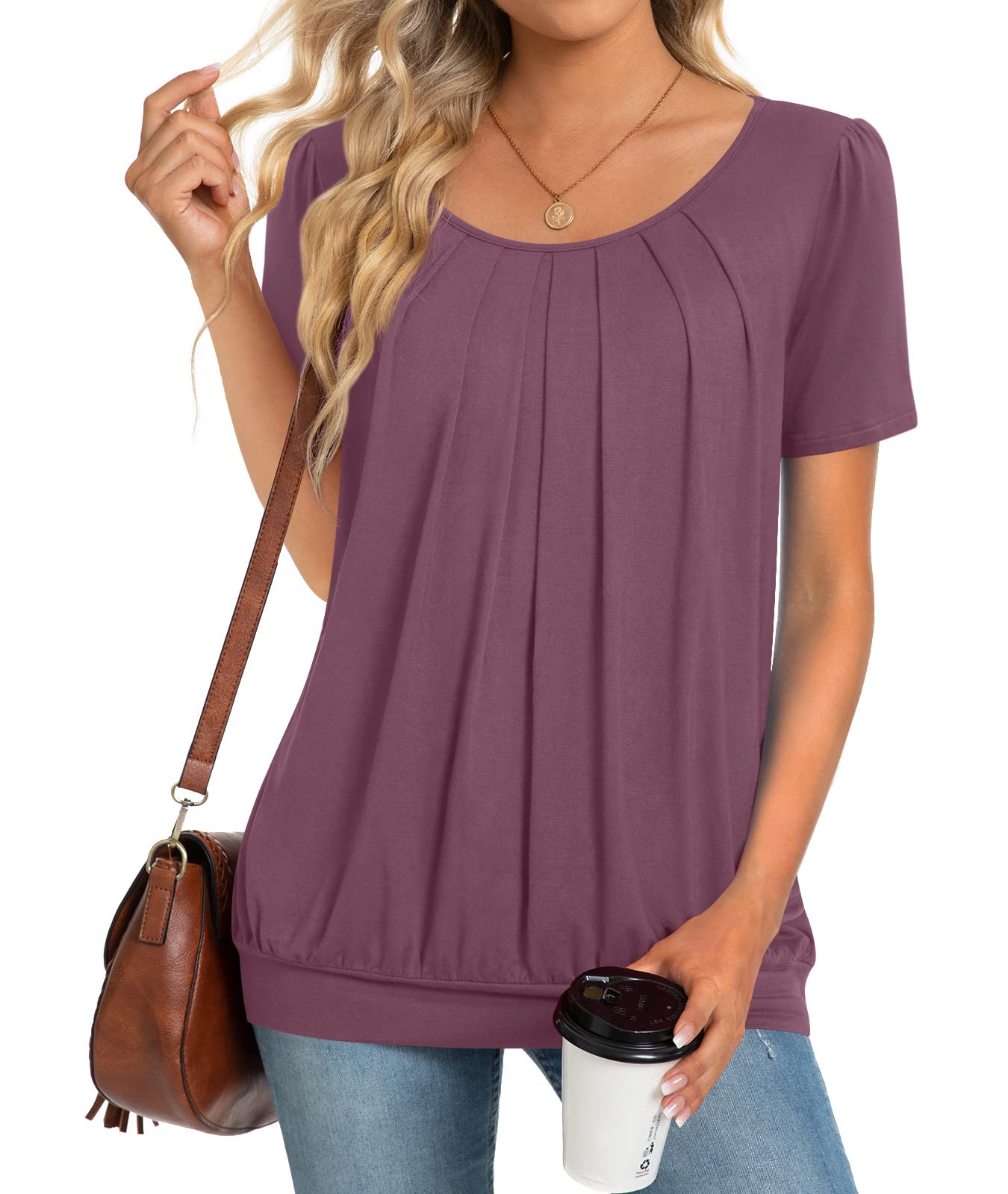 Anymeet 2025 Women's Casual Short Sleeve Tunic Tops - Spring Summer Pleated Blouse Tee for Leggings | Perfect for Work, Yoga & Everyday Wear