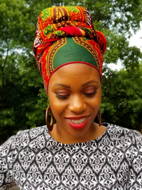 Stylish Green and Red Dashiki Print Head Wrap DP3848H - African Inspired Fashion Accessory for Women, Perfect for Parties, Weddings, and Cultural Events