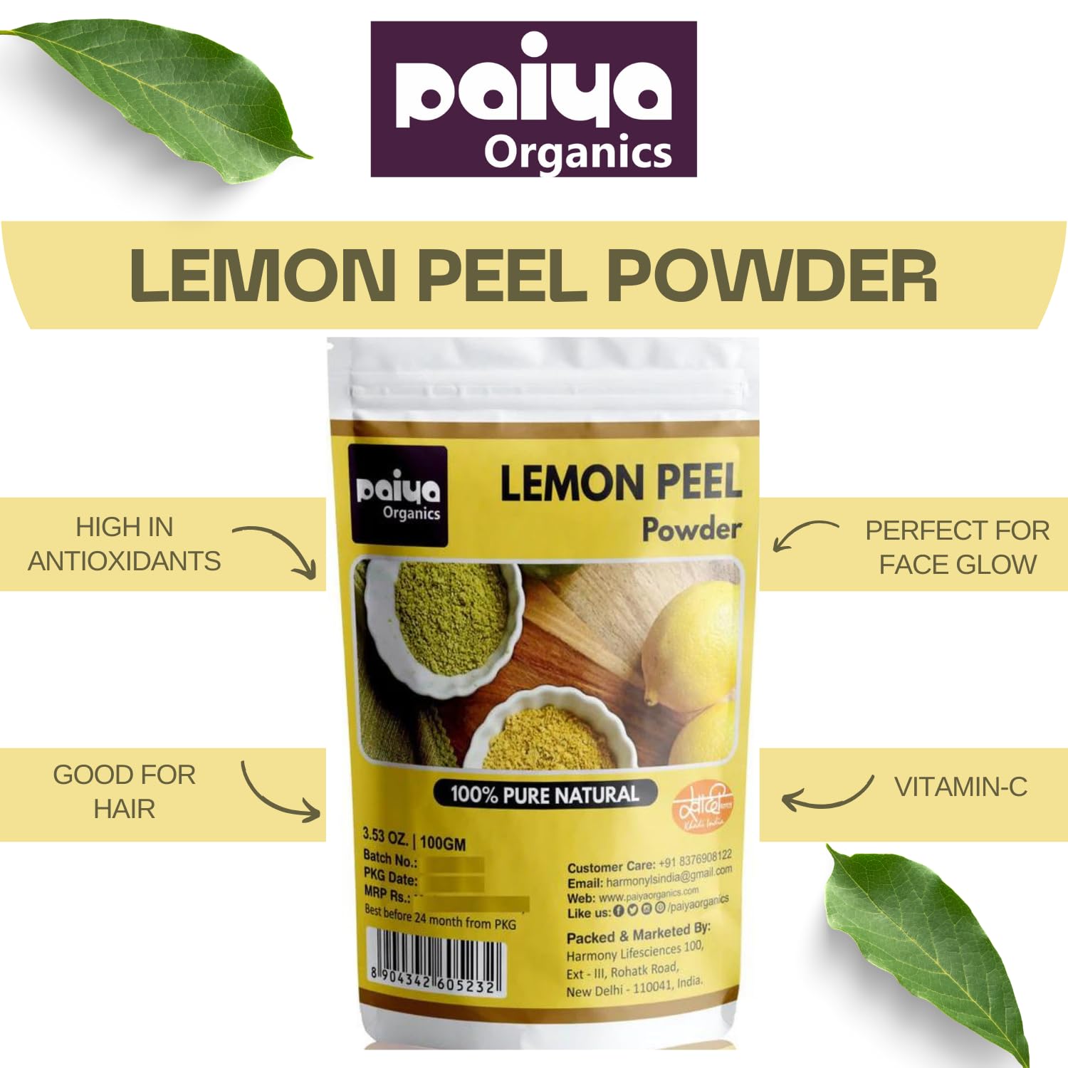 Organic Lemon Peel Powder for Face & Acne - 100g | Natural Skin Brightening & Exfoliating | DIY Face Masks & Skincare Treatments