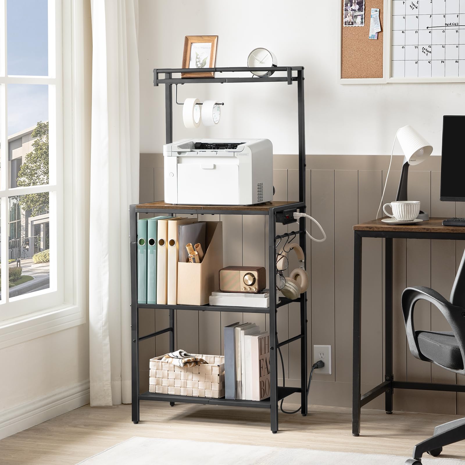 Rustic Brown Bakers Rack with Power Outlet - Kitchen Storage Shelf with Paper Holder & 6 Hooks | Microwave Stand & Coffee Bar Station with Switch-Controlled Socket | Perfect for Kitchen, Dining Room & Small Space Organization (BRHR36E01)