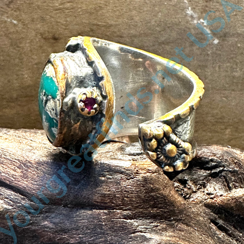 Handmade Vintage Sterling Silver & Brass Ring with Turquoise and Ruby Gemstones – Perfect for Boho, Hippie, and Festival Jewelry Lovers