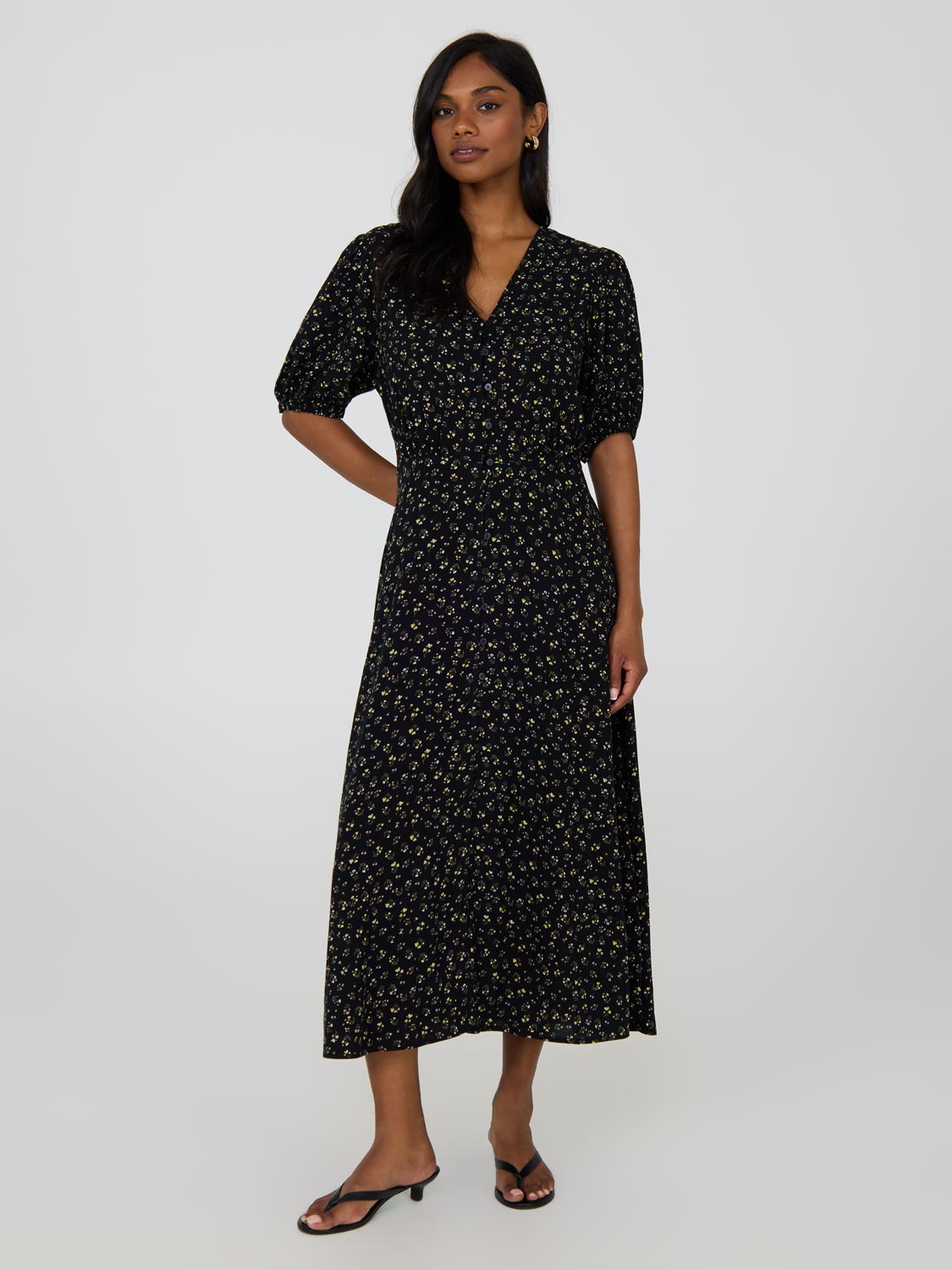 Floral Print Puff Sleeve Midi Dress for Women - Summer Boho Flowy Dress with Elastic Waist, Perfect for Beach Vacation, Garden Party & Date Night
