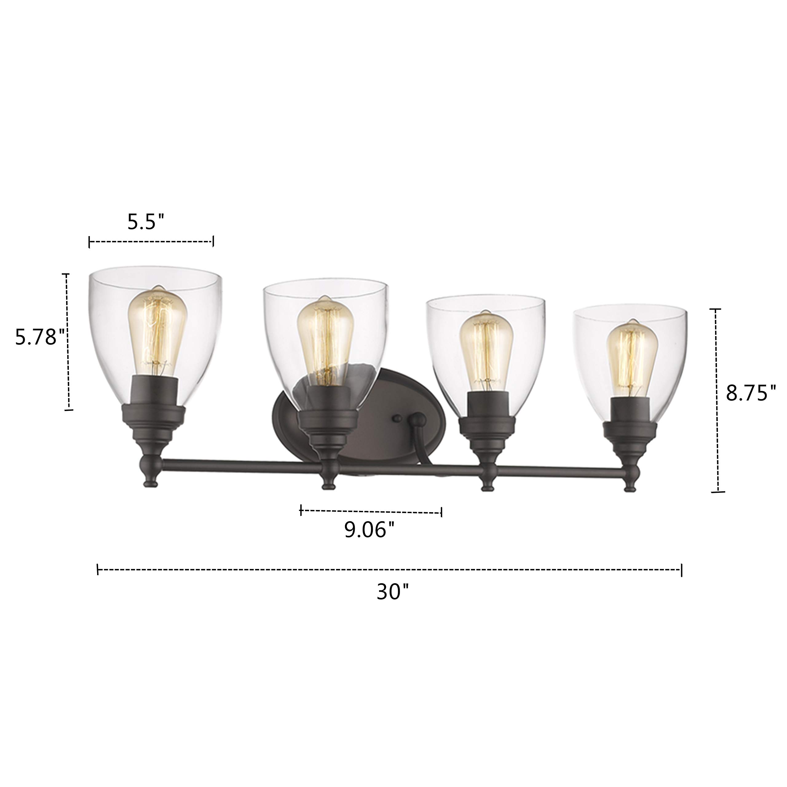 Rubbed Bronze 4-Light Bathroom Vanity Light with Clear Glass, 30