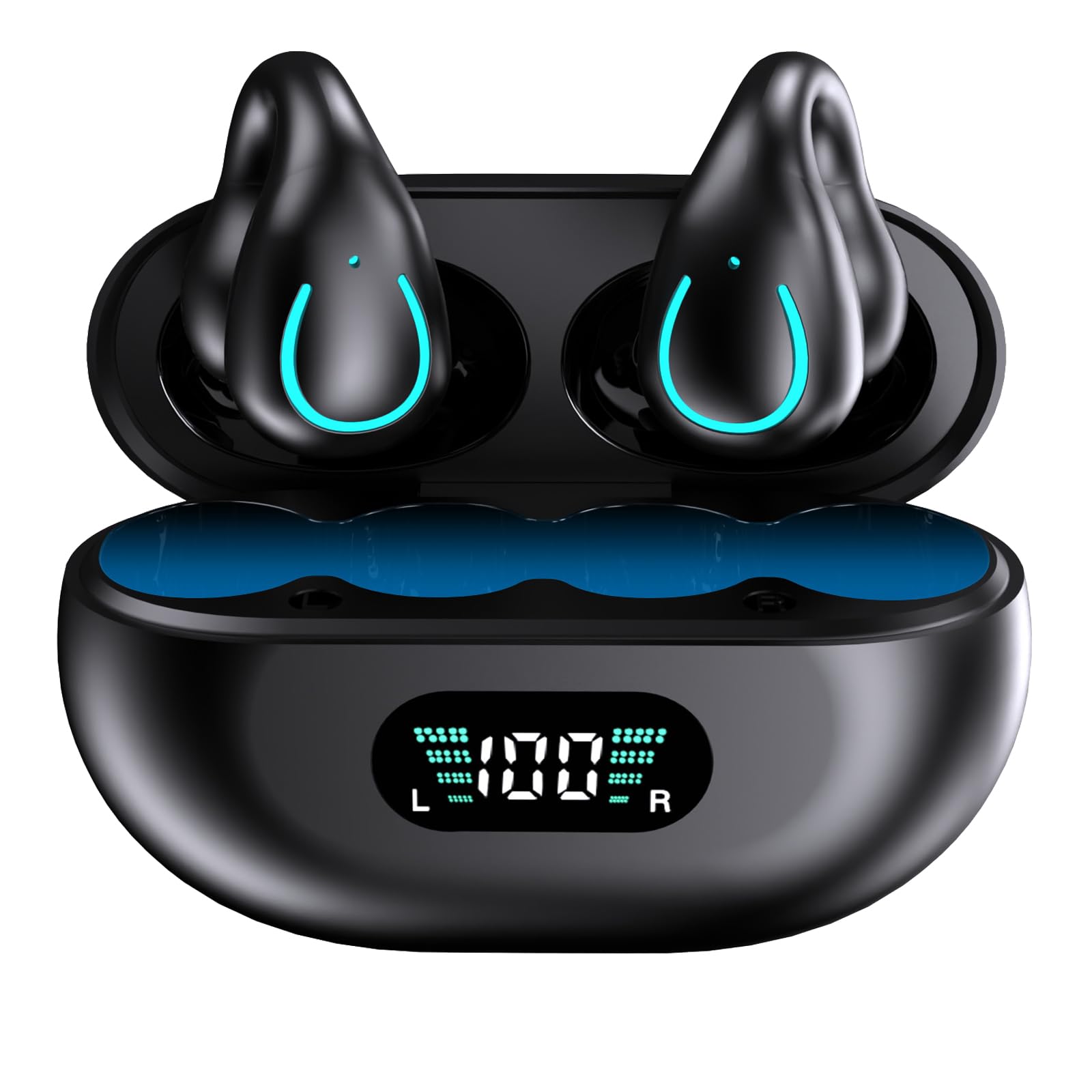 MALIHOO Open Ear Air Conduction Bluetooth 5.3 Headphones - Wireless Clip-On Earbuds with Digital Display Charging Case - Comfortable for Cycling, Running, Workouts, Walking & Driving - Perfect for Outdoor Sports, Commuting & Fitness Enthusiasts (Black)