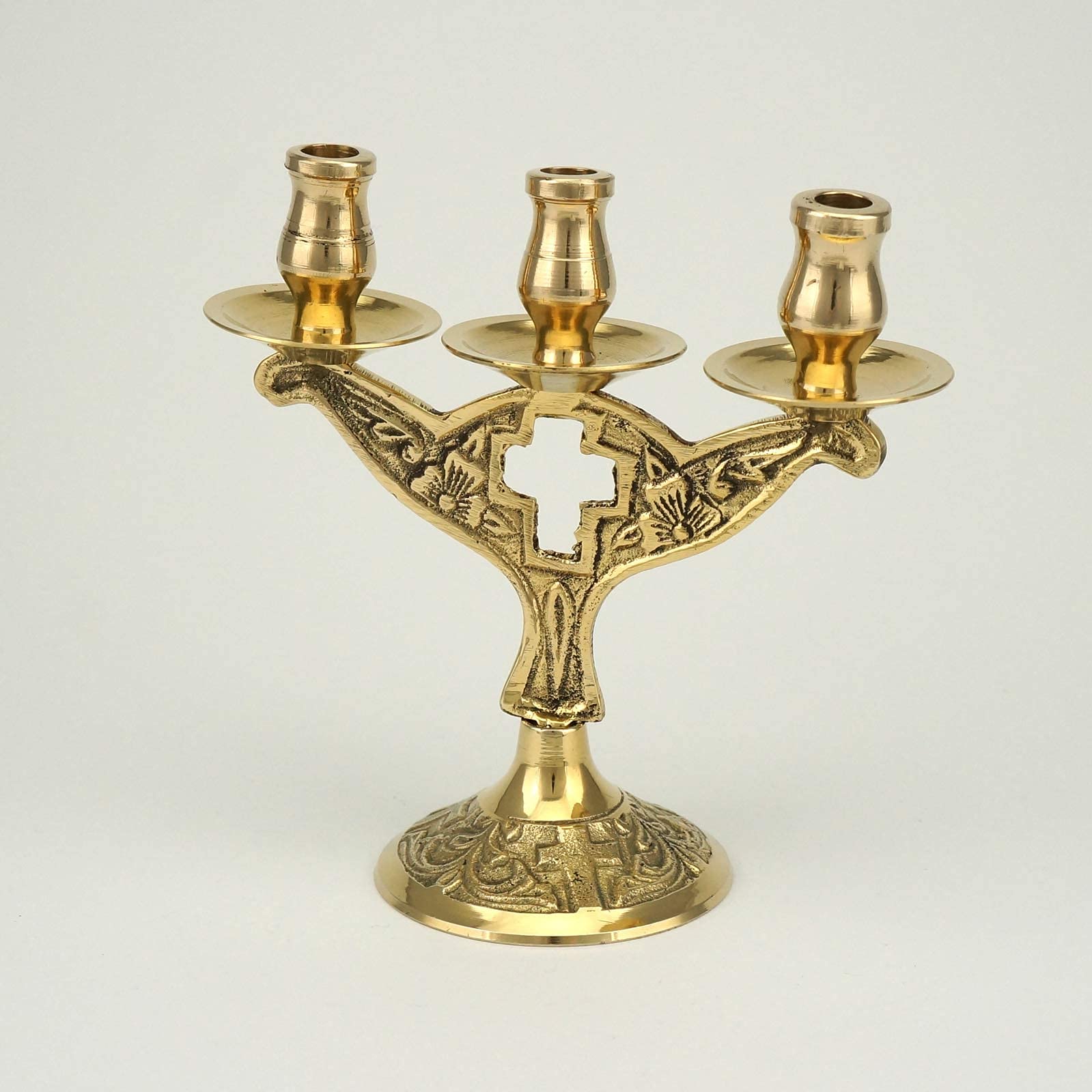 Orthodox Cross Candelabra - Christian 3-Candle Holder with Drip Trays for Home Altar & Prayer Corner | Perfect for Religious Ceremonies, Church Decor & Spiritual Meditation