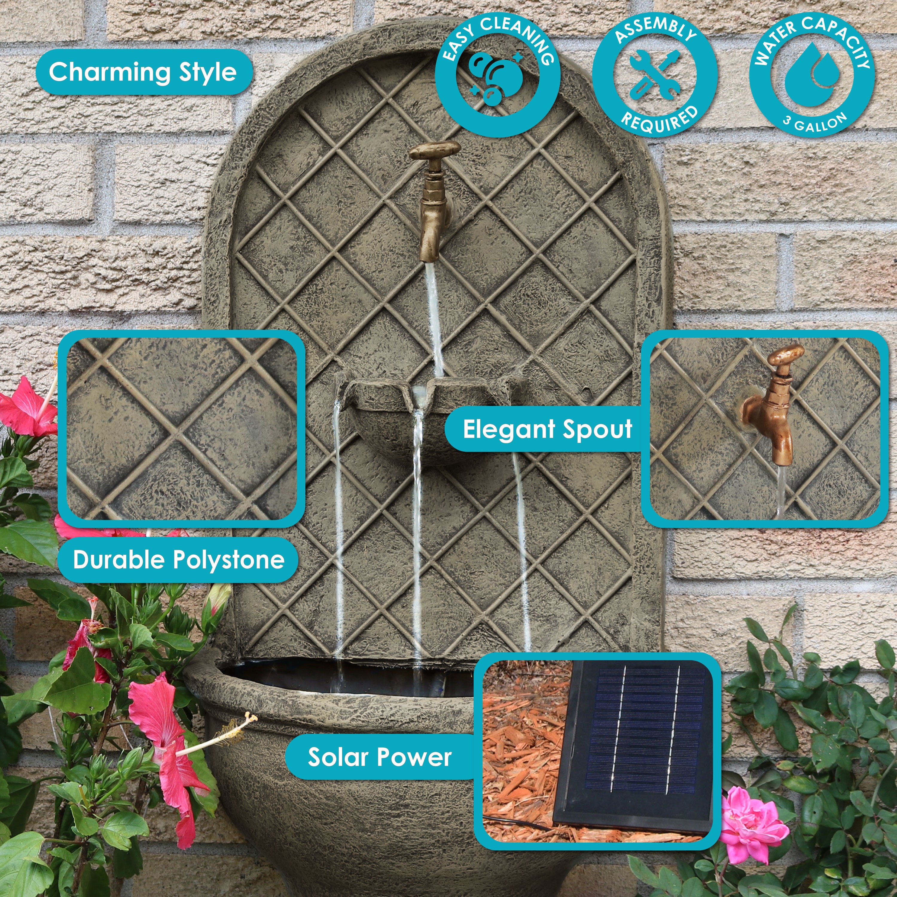 Sunnydaze Messina Solar Wall Fountain with Battery Backup - 26 Inch Outdoor Water Feature for Garden, Patio, and Backyard Decor | Relaxing Water Sounds for Meditation and Stress Relief