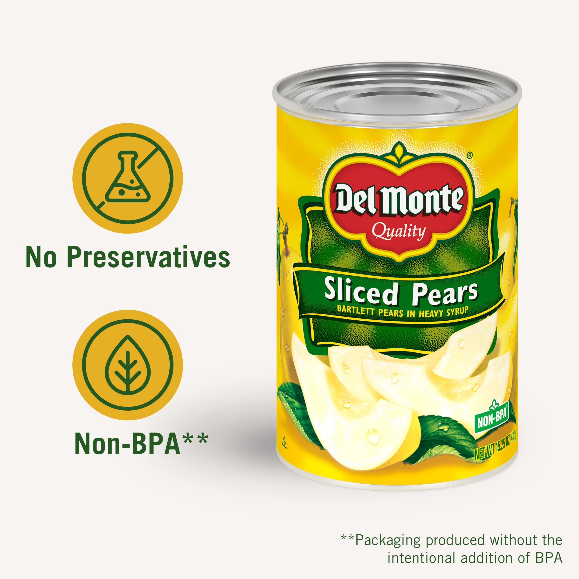DEL MONTE Sliced Bartlett Pears in Heavy Syrup - Canned Fruit, 15.25 Oz (Pack of 12) | Sweet & Juicy Pears for Snacks, Desserts, Salads & Baking | Non-GMO, Gluten-Free, Ready-to-Eat