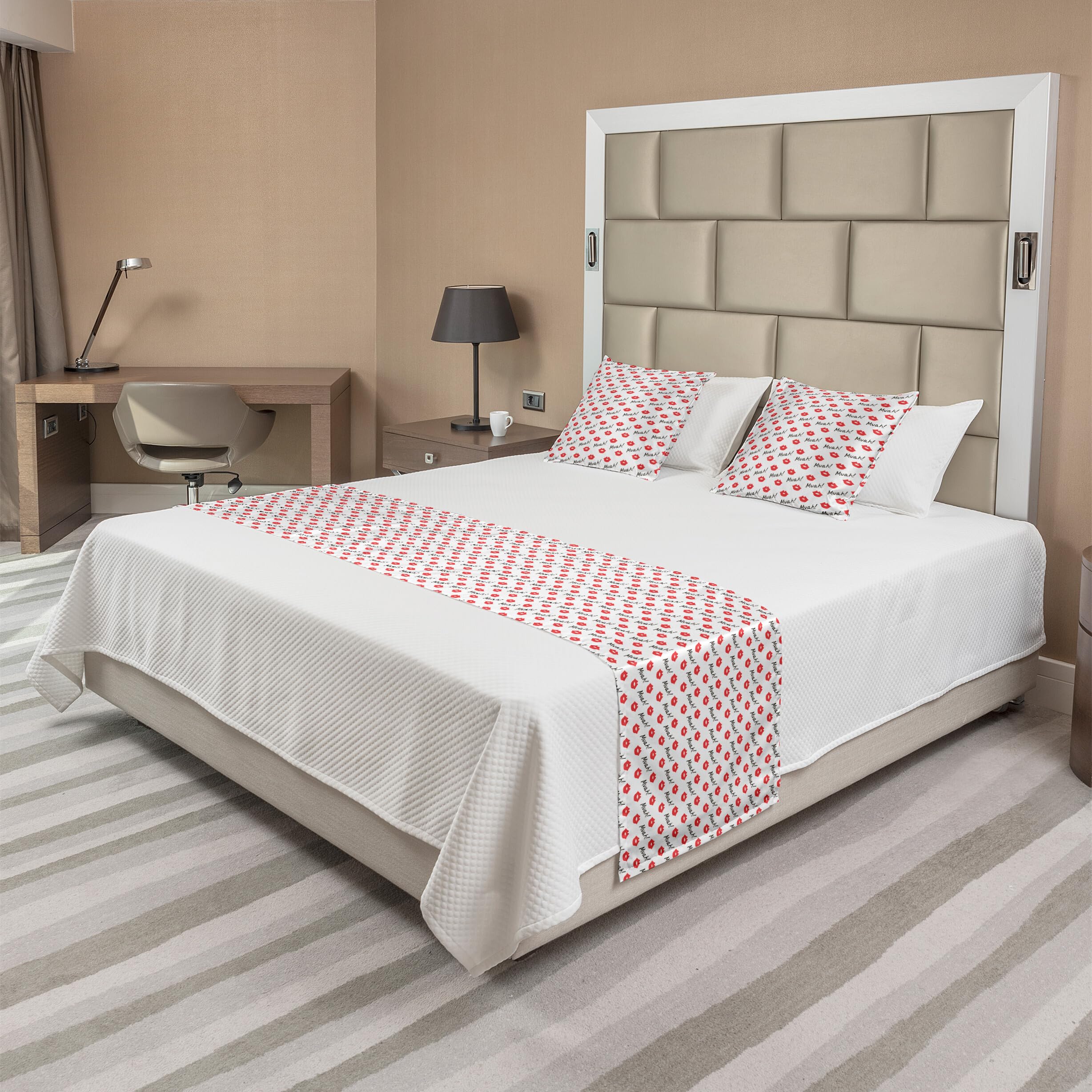Ambesonne Romantic Red Lips Kiss Marks Bed Runner Set with 2 Pillow Shams - Valentine's Day Decorative Bedding Scarf for Hotels & Homes (Vermilion/White) - Perfect for Romantic Bedroom Decor & Anniversary Gifts
