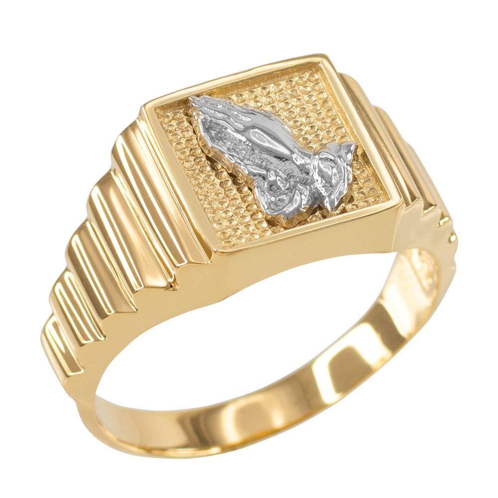 10k Yellow Gold Men's Prayer Hands Ring - Square Face Layered Band for Religious Gifts, Wedding, Baptism & Daily Wear