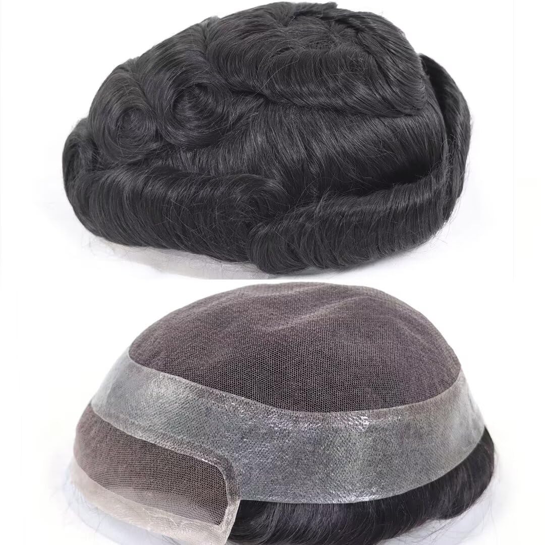 Men's Real Human Hair Toupee - Breathable Thin Skin Swiss Lace Hair Replacement System (8x10inch, #1B Off Black) | Medium Light Density Hairpiece for Natural Look | Perfect for Daily Wear, Special Occasions & Hair Loss Solutions