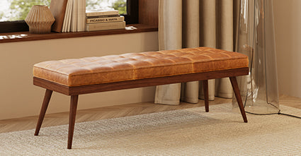 Luca Leather Bench - Modern Upholstered Storage Ottoman with Tufted Design for Living Room, Bedroom, or Entryway - Durable Faux Leather Seat with Sturdy Wooden Legs - Perfect for Extra Seating, Footrest, or Stylish Home Decor