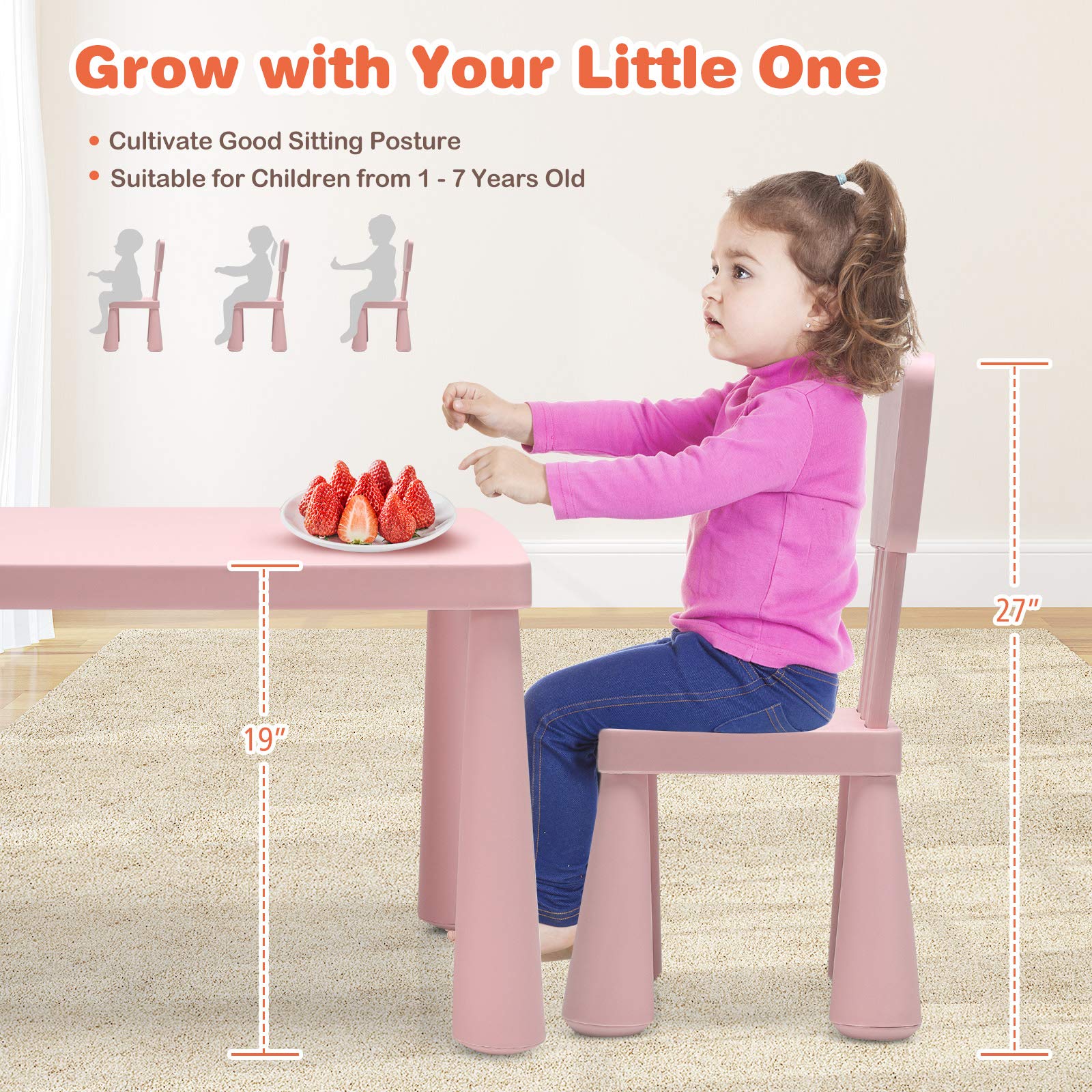 Costzon Kids Table and Chair Set - 3-Piece Plastic Toddler Activity Table for Reading, Drawing, Arts & Crafts, Snack Time - Perfect for Preschool, Kindergarten & Playroom - Easy to Clean (Pink) - Ideal for Learning, Playtime & Creative Activities at Home