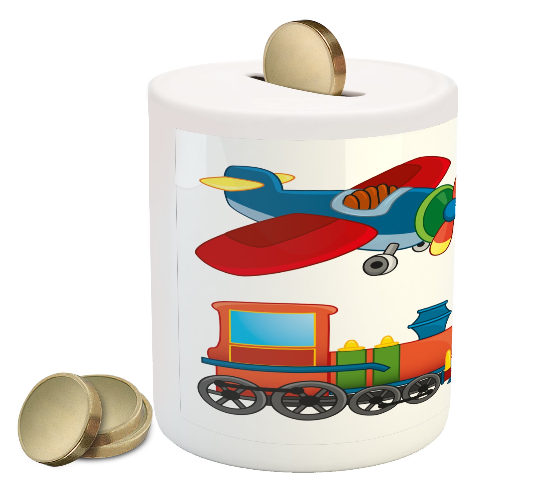 Lunarable Ceramic Piggy Bank with Cartoon Toy Vehicle Designs - Airplane, Helicopter, Car & Train - 3.6