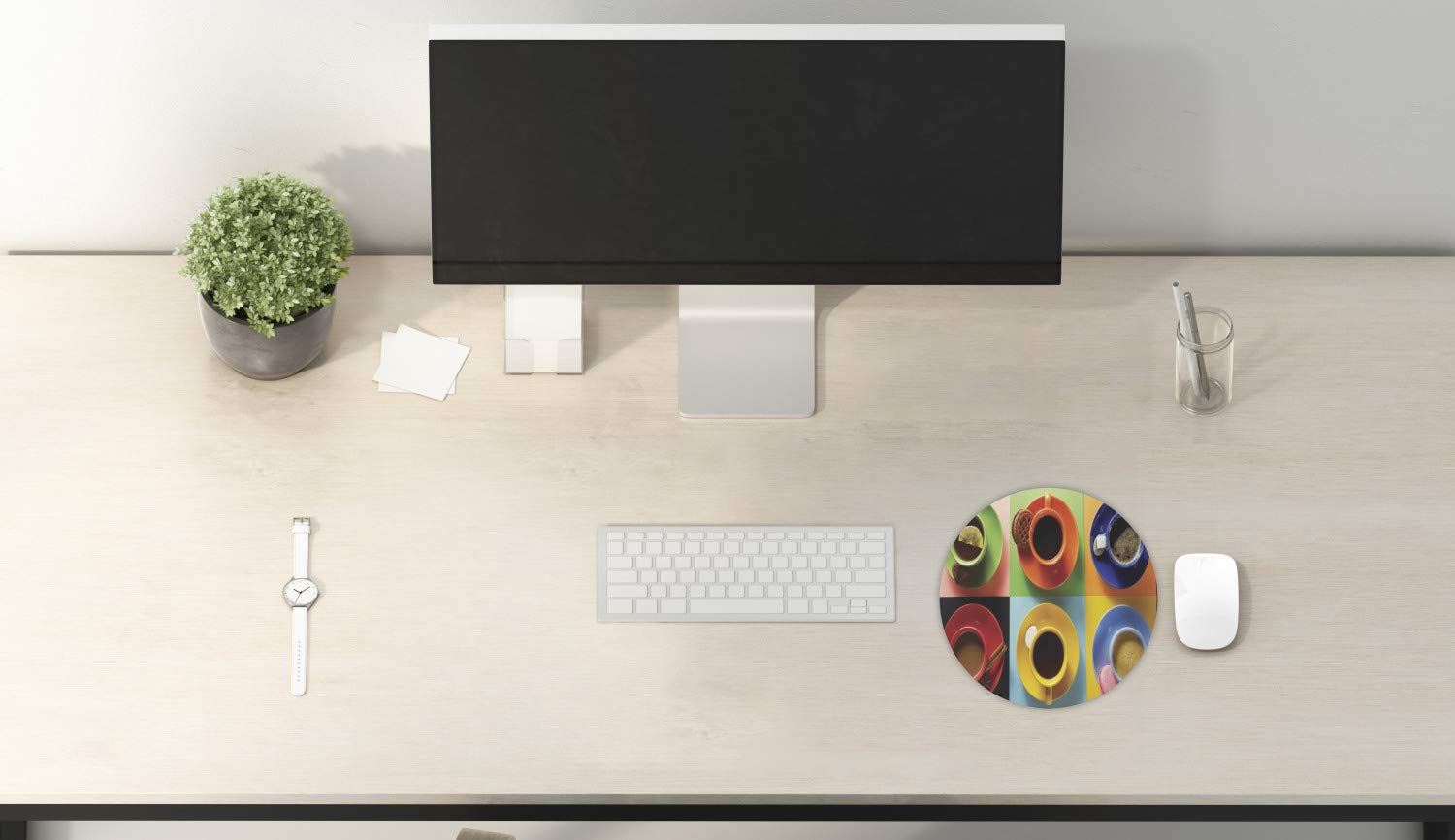 Ambesonne Round Non-Slip Rubber Mouse Pad - 8 Inch Gaming Mousepad with Coffee, Tea & Chocolate Design - Perfect for Office, Home & Gaming Desks - Colorful Dessert Themed Computer Accessory