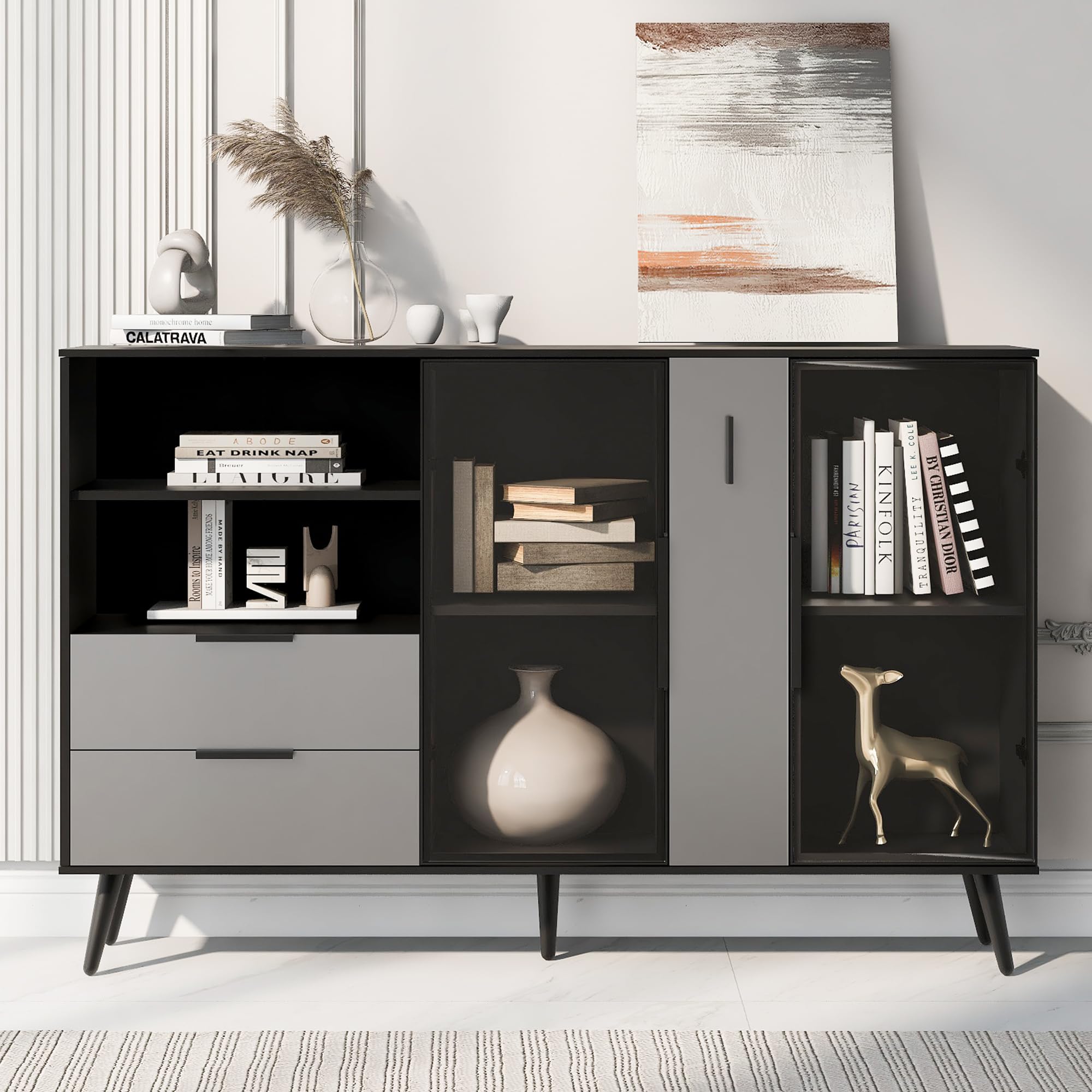 Modern Storage Cabinet with Tempered Glass Doors & Drawers - Multi-Purpose Sideboard, Entryway Console Table & TV Stand with Metal Handles for Living Room, Bedroom or Office (Black & Gray) - Perfect for Organizing, Displaying Decor & Enhancing Home Aesthetics