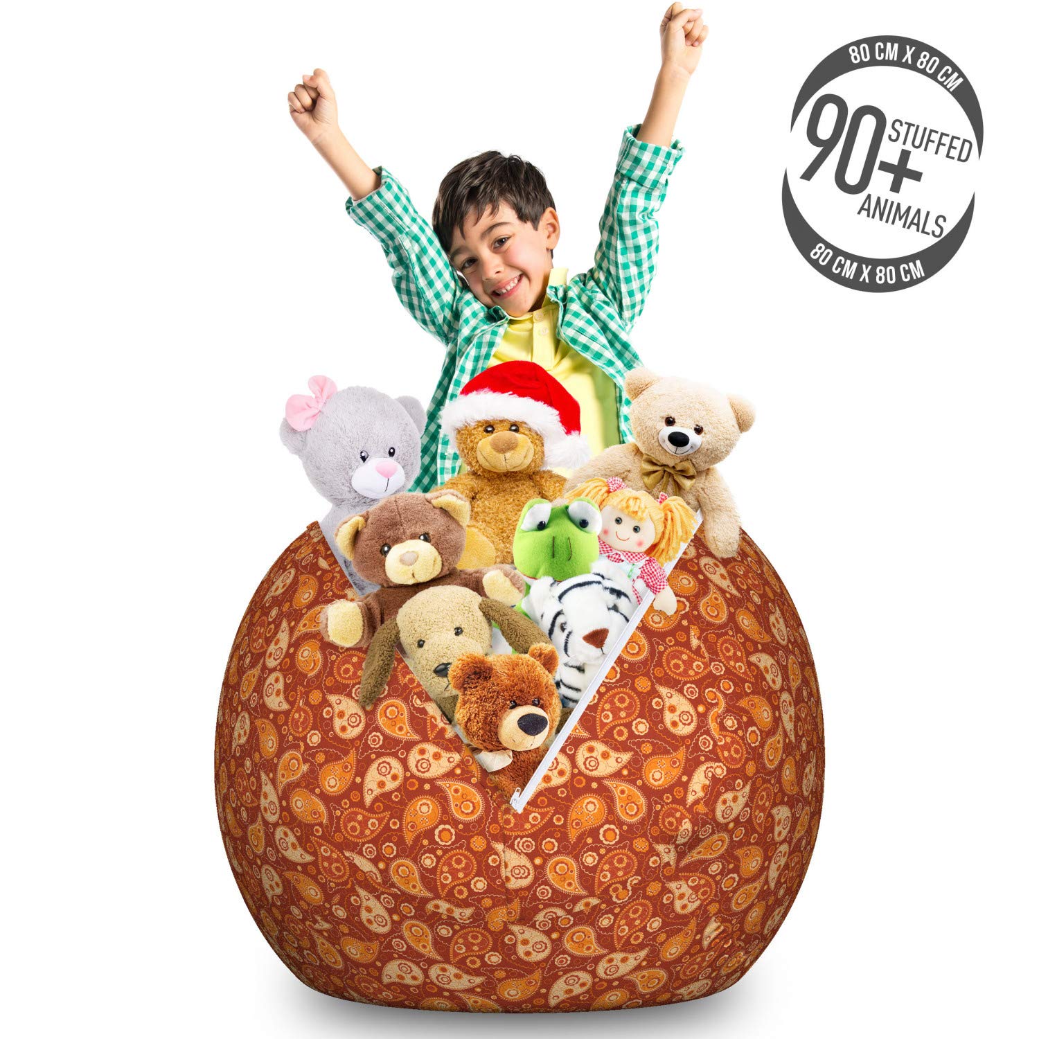 Ambesonne Orange Storage Toy Bag Chair - Retro Paisley Floral Pattern, Washable Stuffed Animal Organizer, Large Size (Redwood Orange Cream) - Perfect for Kids' Room, Playroom & Nursery Organization