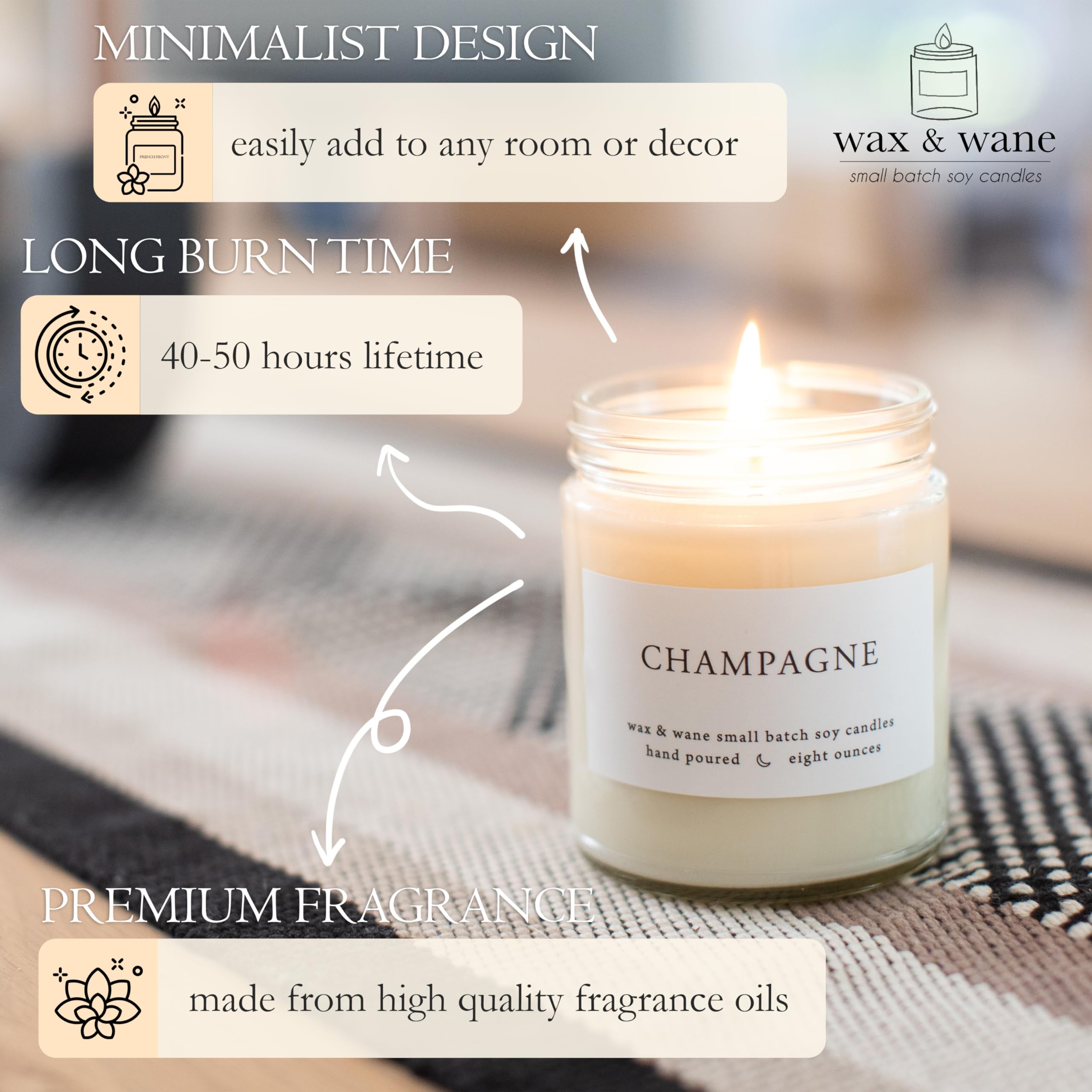 Wax & Wane Champagne 8oz Handmade Soy Candle - 40+ Hour Burn Time, Natural Aromatherapy for Home, Bedroom & Bathroom - Made in USA | Perfect for Relaxation, Romantic Dinners & Spa Nights